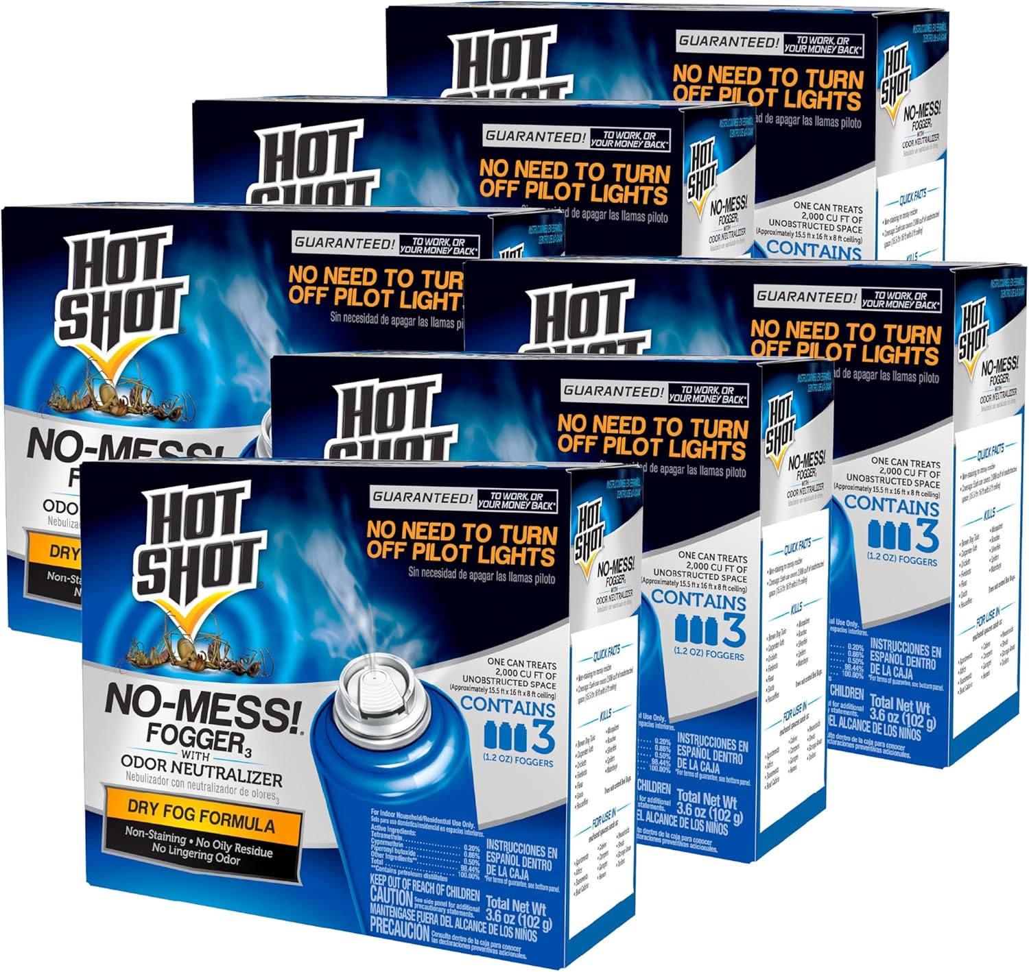 Hot Shot No-Mess! Fogger With Odor Neutralizer 3 Count-1.2 Ounce Cans, Kills Hidden Bugs, No Need To Turn Off Pilot Lights, 6 Pack