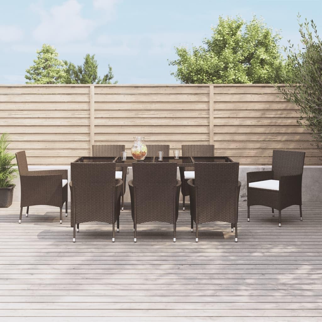 9 Piece Patio Dining Set with Cushions Brown Poly Rattan,Outdoor Patio Dining Set with Comfortable Cushioned Chairs and Tempered Glass Tabletop for Garden Backyard Furniture Sets for Patio, Lawn & Gar