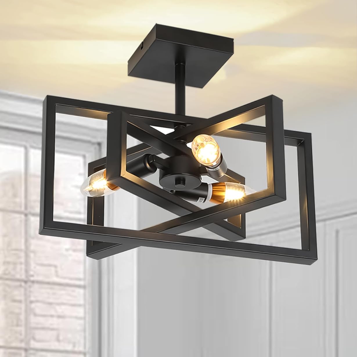 Farmhouse Black Ceiling Light 3 Lights Rectangular Chandelier with Metal Cage Semi Flush Mount Ceiling Light for Kitchen, Bedroom, Dining Room, Hallway, Foyer