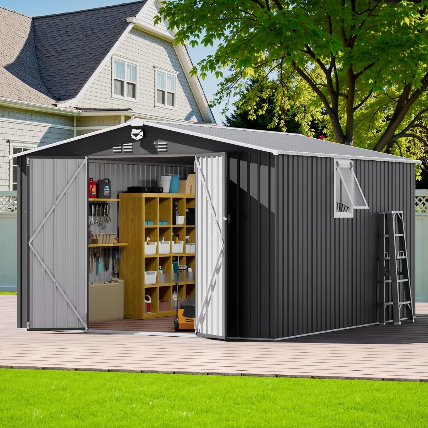 10x12 FT Outdoor Storage Shed, Metal Garden Shed - Tool Storage Sheds with Lockable Doors & 1 Vented Clear Window, Waterproof Outside Storage Building for Backyard, Patio (Black; Floor Not Included)