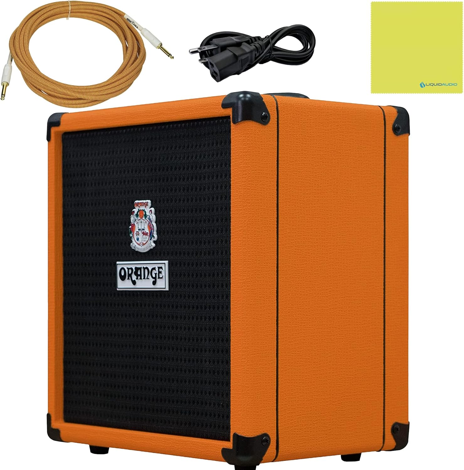 Orange Crush Bass 25 Guitar Combo Amp Bundle with 10ft Orange Woven Instrument Cable and Liquid Audio Polishing Cloth 1x8” 25 Watts, 3 Band EQ & Integrated Chromatic Tuner