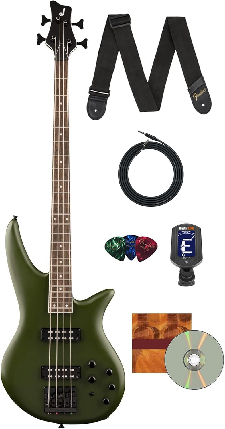 Jackson Spectra Bass SBX IV Bass Guitar - Matte Army Drab Bundle with Instrument Cable, Guitar Strap, Clip-on Tuner, Picks, and Austin Bazaar Instructional DVD