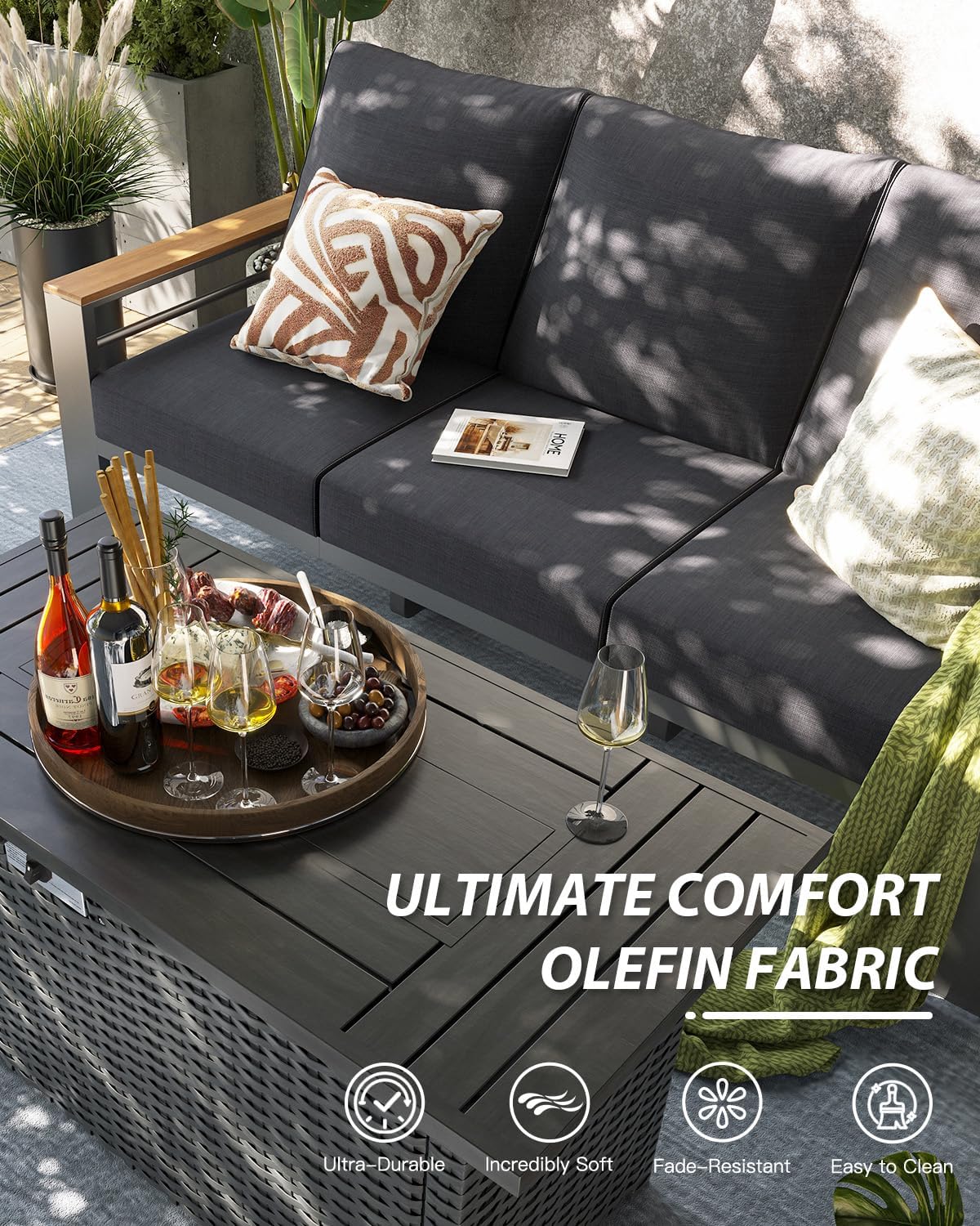 Aoxun Aluminum Outdoor Patio Furniture Set, 7 Seats Outdoor Sectional with Fire Pit Table, Patio Conversation Sets with Upgraded Armrests and Cushions for Backyard, Garden and Poolside（Dark Grey）