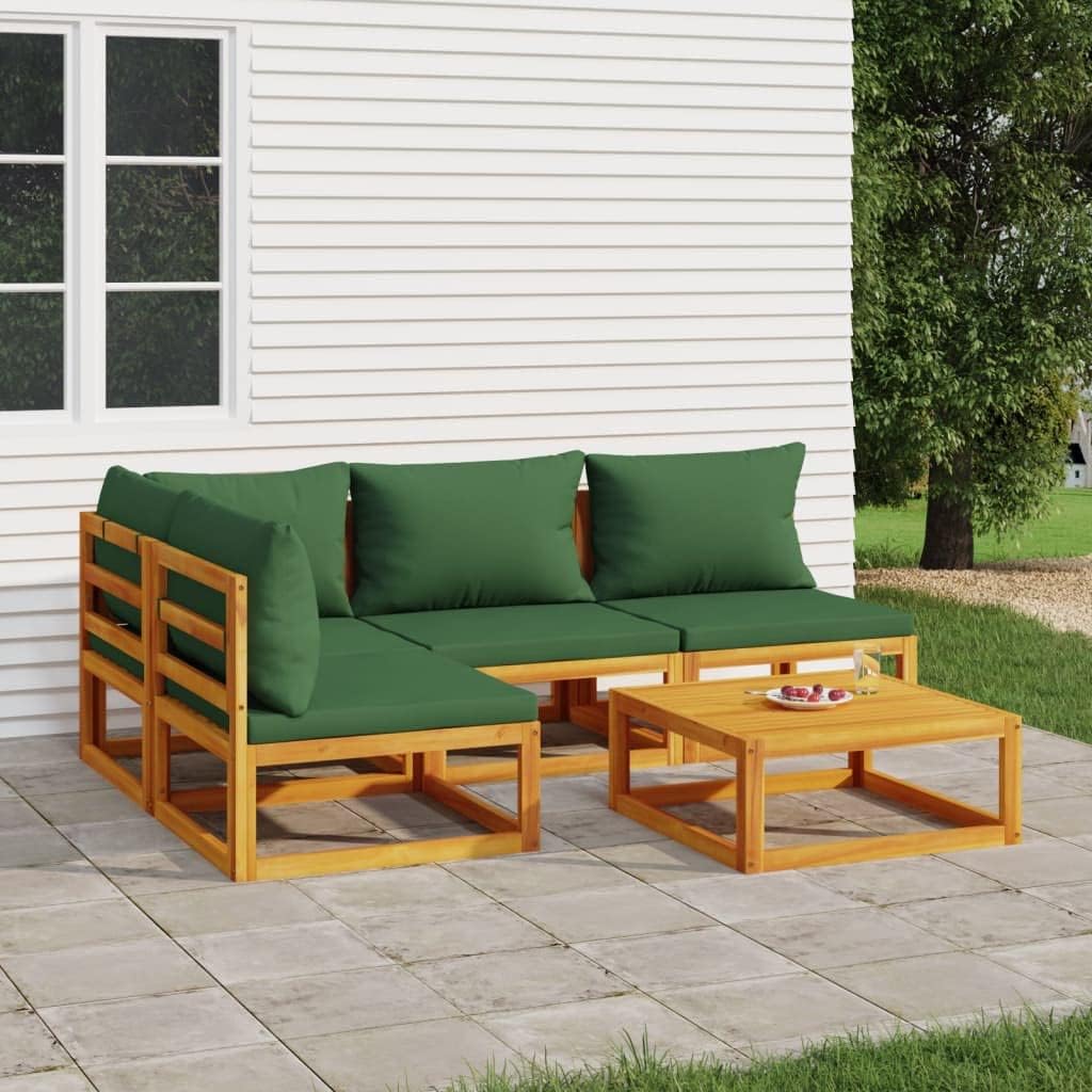 5 Piece Patio Lounge Set with Green Cushions Solid Wood,Acacia Wood Patio Lounge Set Comfortable Outdoor Sofa for Garden and Terrace Patio Furniture Sets, Outdoor Furniture Sets