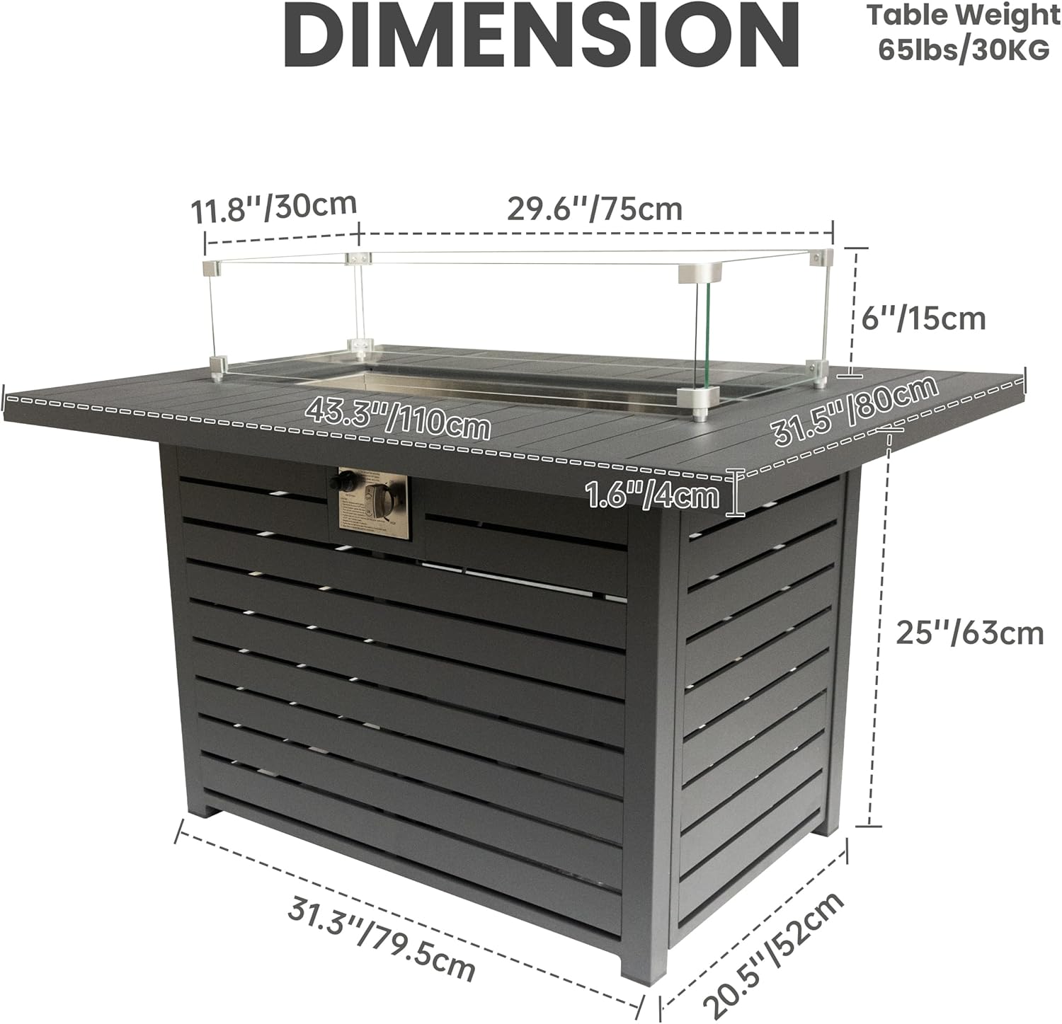 Rectangle Propane Fire Pit Table: 43'' Aluminum Patio Gas Fire Table - 50000 BTU Rustproof Tabletop Firepit Wind Guard Glass Beads - Outdoor Heating Porch Deck Gazebo Backyard Garden - Dark Gray