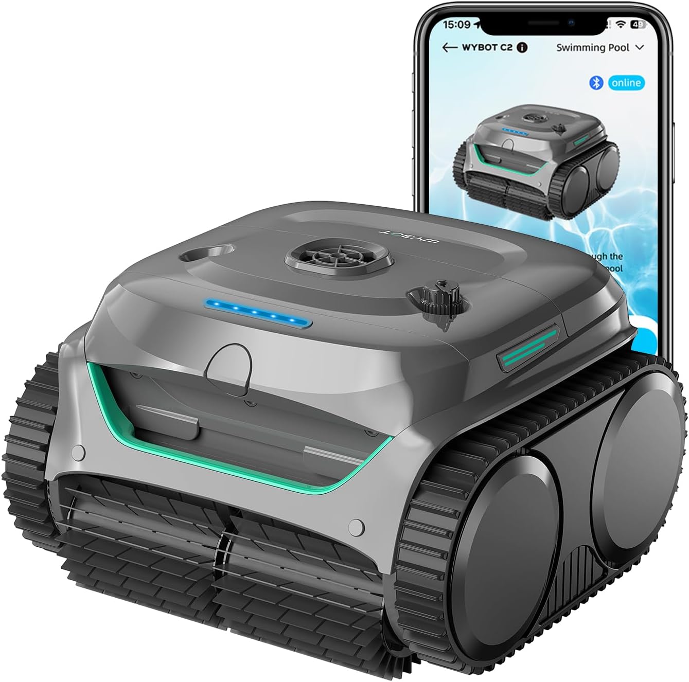 WYBOT C2 Robotic Pool Cleaner, Cordless Pool Vacuum for Inground Pools up to 2152 Sq.ft, Dual Filtration, Powerful Suction, Wall Climbing & Waterline Cleaning Lasts180Mins in Echo Mode (Grey&Green)