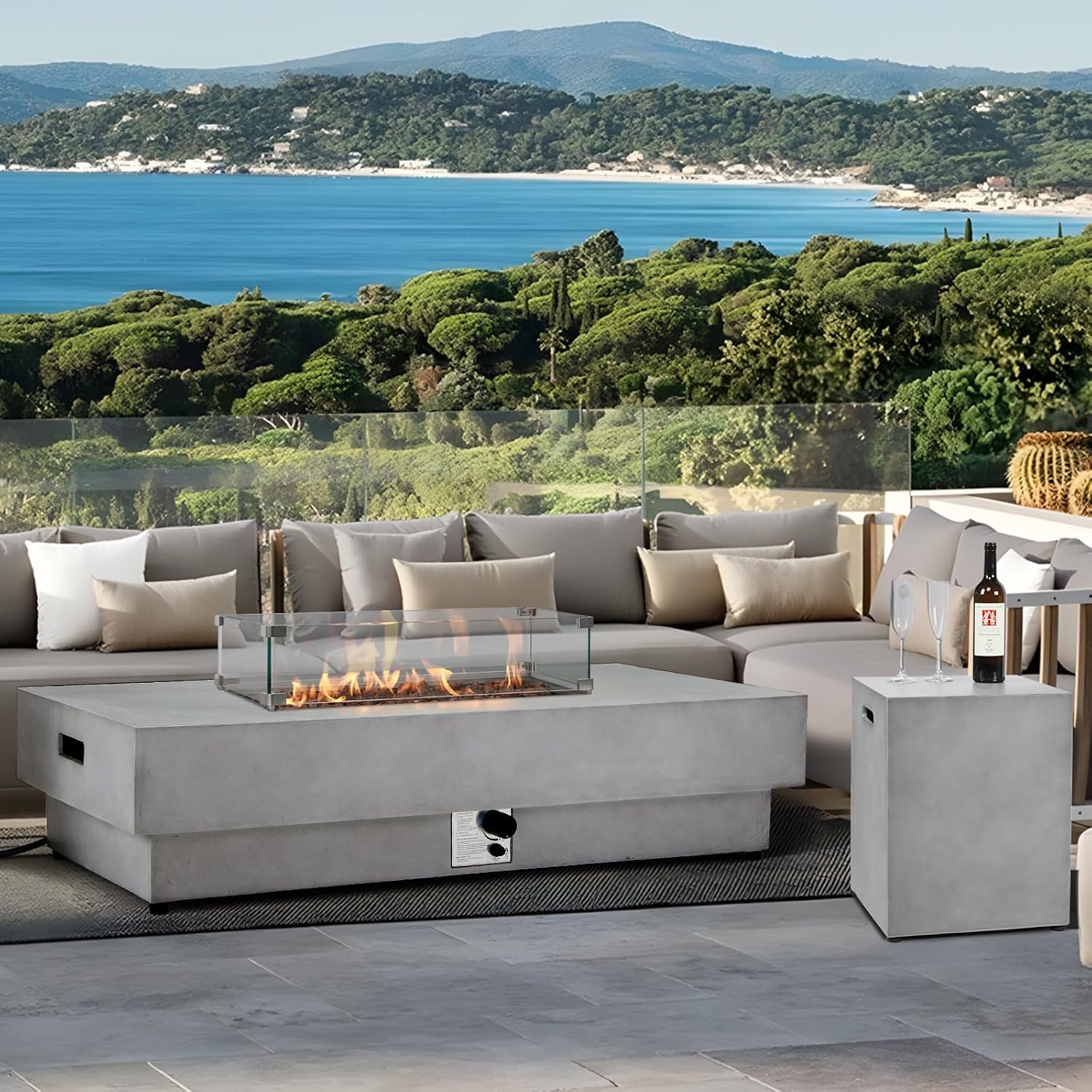 3 Pieces 60-Inch Outdoor Propane Fire Pit Table w/Tank Cover&Wind Guard - 50,000 BTU, Concrete Rectangle Firepits, Steel Lid, Lava Rocks & Rain Cover Included