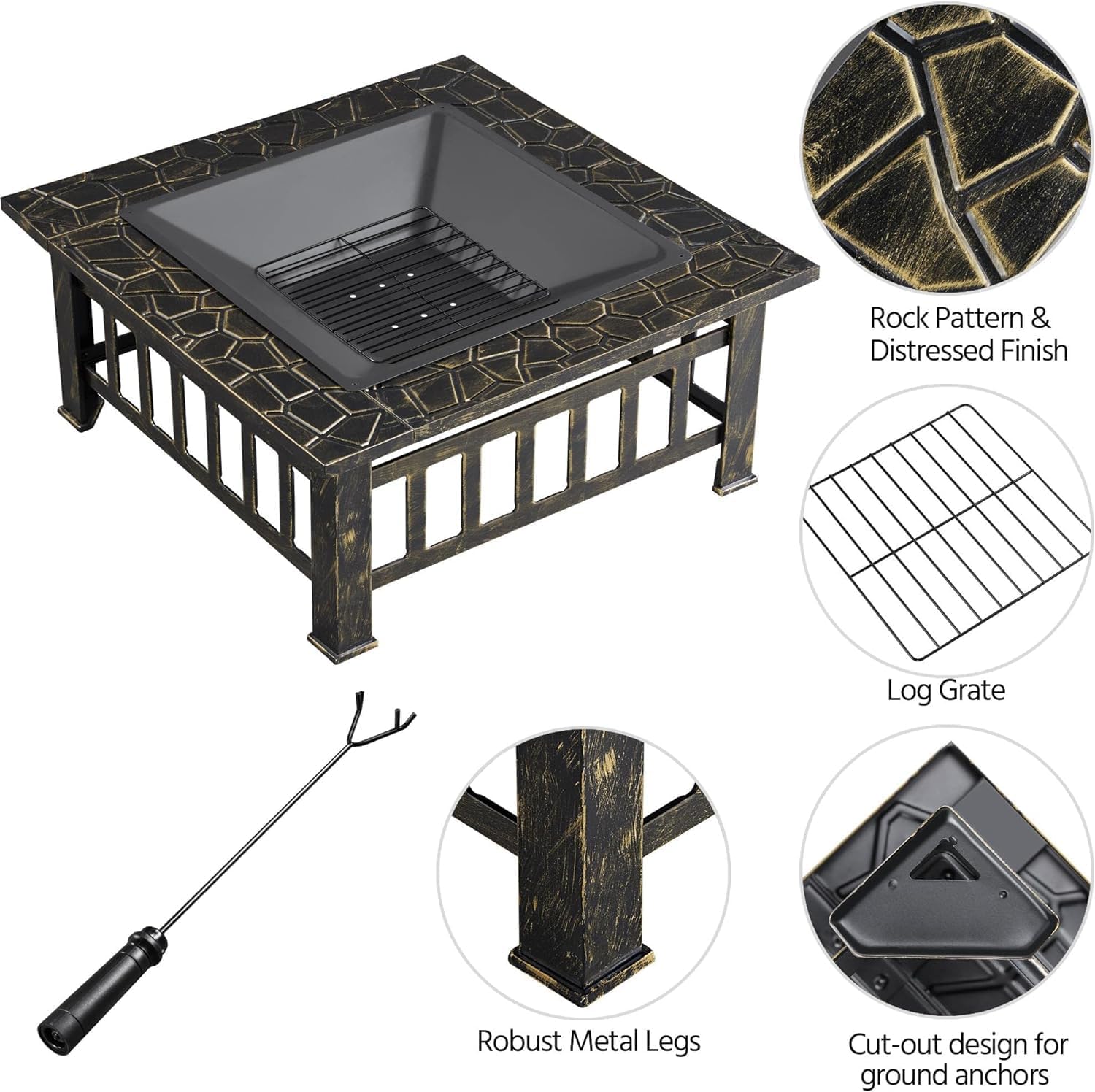 34in Fire Pit Table Outdoor Fire Pits Square Steel Stove with Mesh Screen, Waterproof Cover Poker for Outside Patio Bonfire Camping (Bronze)