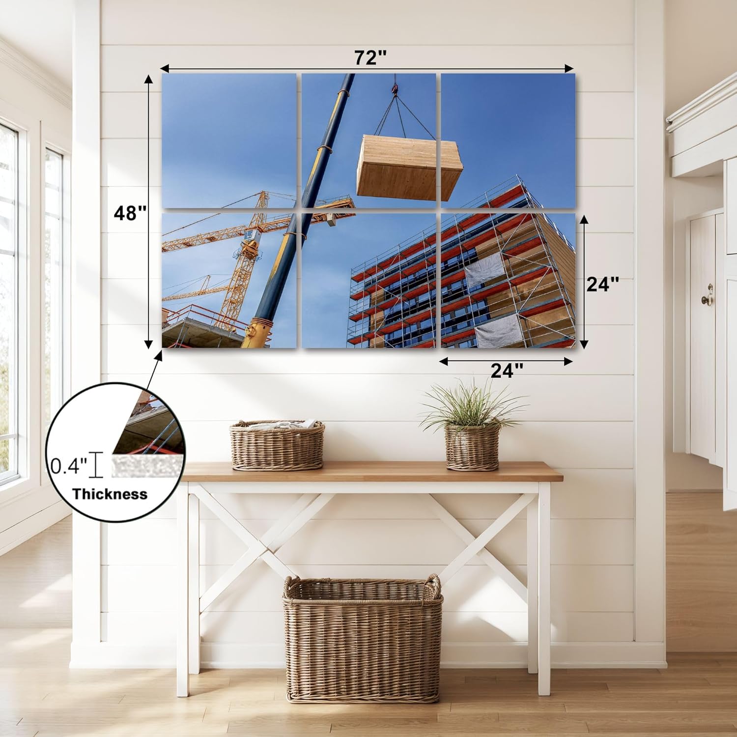 6 Pack Art Acoustic Panels Self Adhesive Crane lifting prefabricated wooden building module to its position Decorative Soundproof Wall Panels Sound Absorbing Panel 48