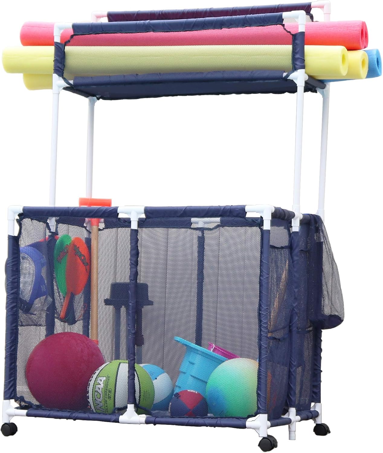 Essentially Yours Pool Storage Equipment Organizer Holder - Noodles, Toys, Balls, Floats Mesh Rolling Double Decker Bin, Large with Noodle Holder, (35.3