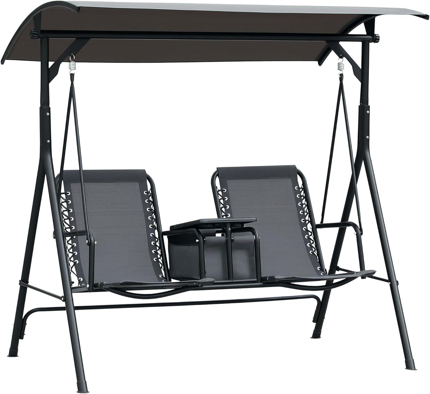 Outsunny 2-Seat Patio Swing Chair, Outdoor Canopy Swing Glider with Pivot Storage Table, Cup Holder, Adjustable Shade, Bungie Seat Suspension and Weather Resistant Steel Frame, Gray