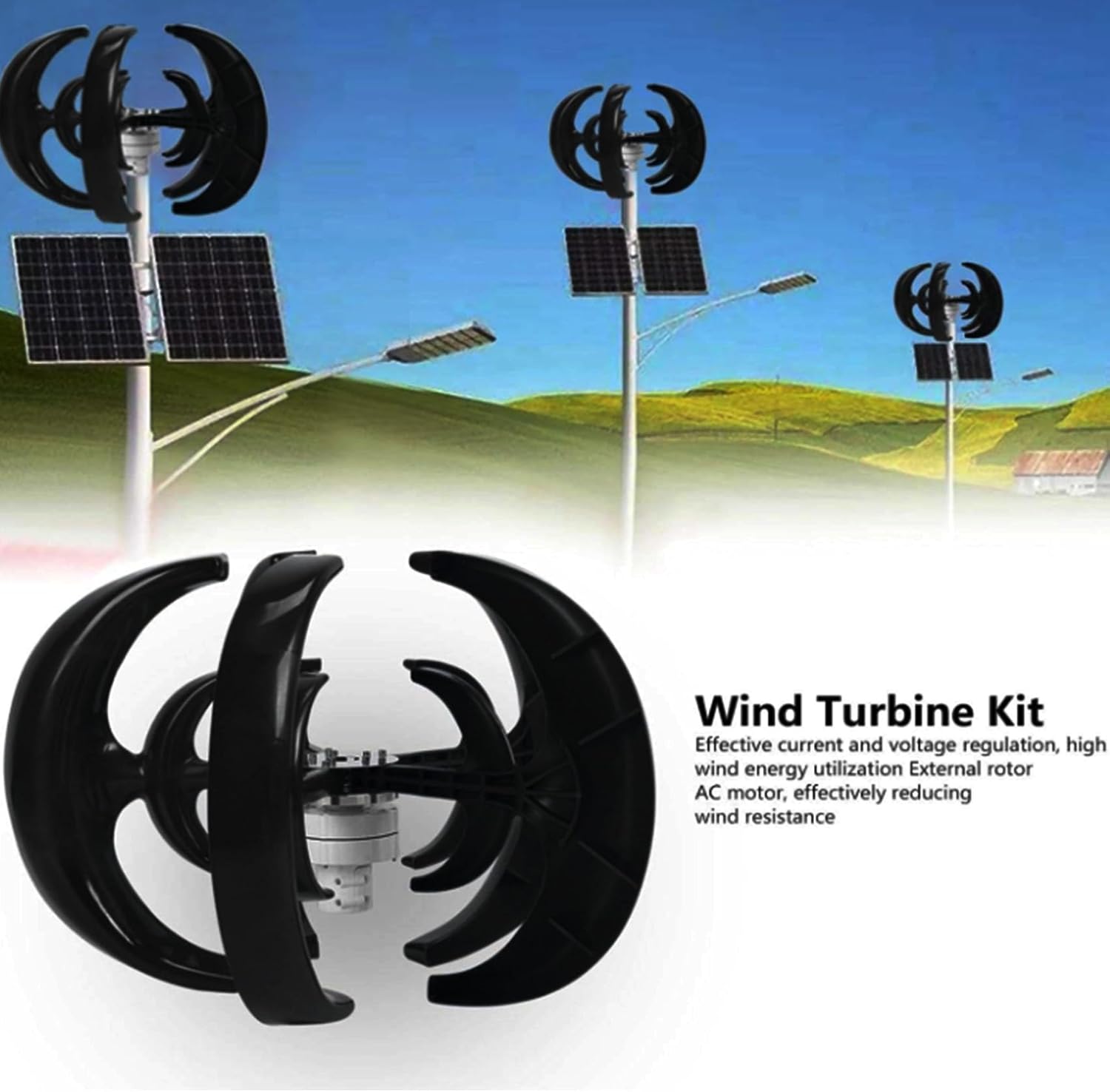 6000W Black Wind Turbine Generator, 12V 24V 48V Wind Vertical Axis Generator with Controller, 5 Blade Wind Turbine Generator Kit for Boat, Patio, Cabin