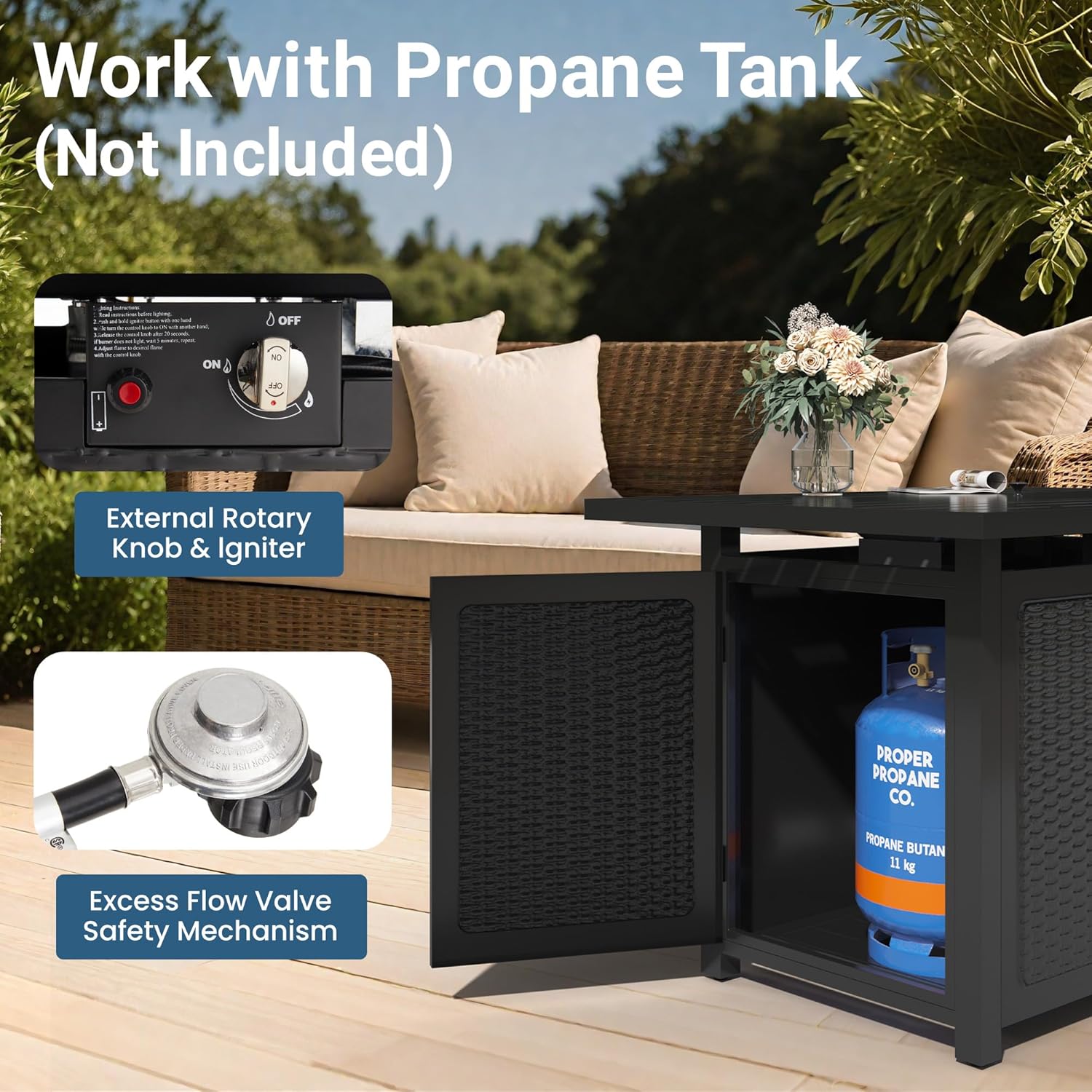 43” Outdoor Propane Fire Table Set with Heavy-Duty Glass Stones, Glass Wind Guard, Lid & Water-Resistant Cover, 50,000 BTU Metal Fire Pit Table, Rectangle Fire Pit Table for Patio, Deck