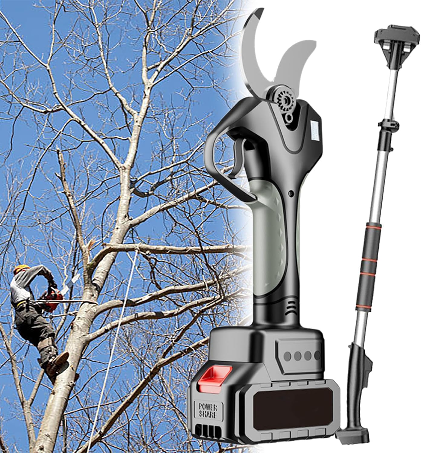 Electric Pruning Shears, Portable Cordless Pruning Shears with 4.2-7.1ft Scalable Extension Rod, 2 Battery, 3 in Cutting Diameter, for Gardening Tree Pruning