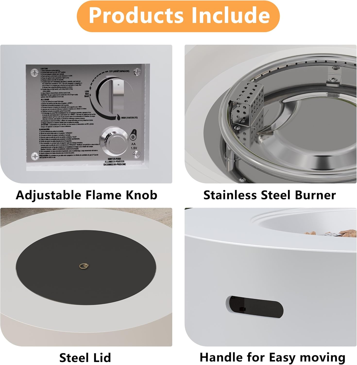 32 inch Round Propane Fire Table, 50,000 BTU Gas FirePit, Patio Fire Pit Table with Steel Lid, Rain Cover, 10ft Propane Hose, Lava Rocks, White