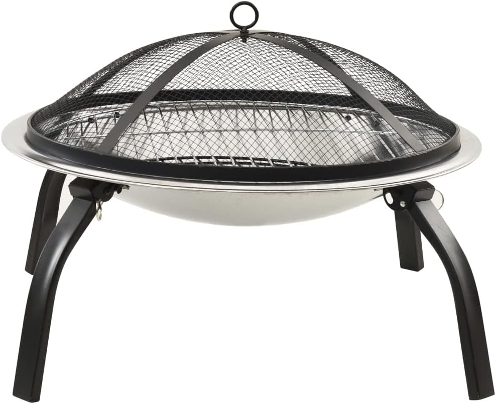 Outdoor Fire Pit with BBQ Grill, Fire Bowl with Poker and Mesh Screen for Bonfire Wood Burning Barbecue (Silver)