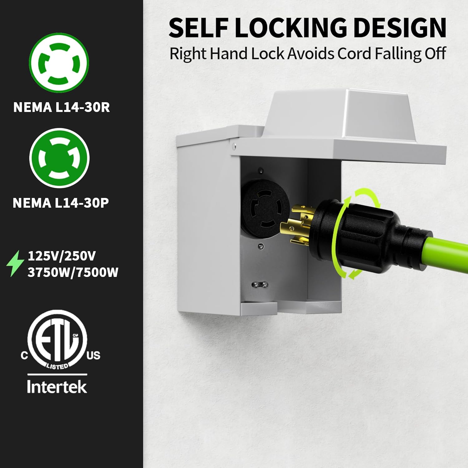 POWGRN 50Feet 30 Amp Generator Extension Cord 4 Prong,Heavy Duty NEMA L14-30P/L14-30R,125/250V 7500W,Green 10 Gauge STW Twist Locking Generator to House Power Cords with Cord Organizer,ETL Listed