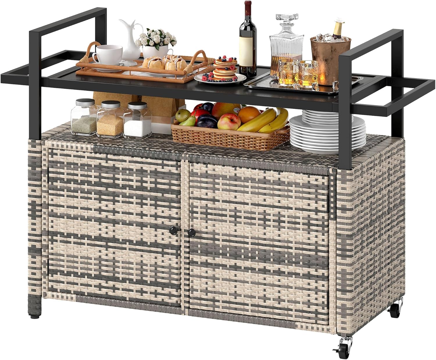 DWVO XXL Patio Storage Cabinet,Outdoor Bar Cart with Glass Top,Outdoor Storage Cabinet with Wheels for Patio, Poolside and Backyard, Grey
