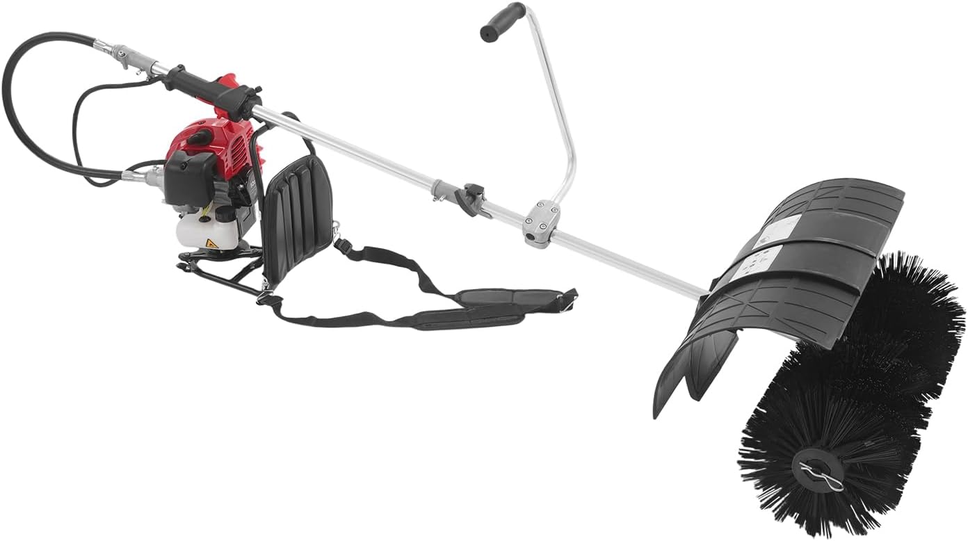 52CC 2.3HP Gas Powered Sweeper Broom Manual Start 2 Stroke Gas Handheld Sweeper 22.83 x 10.04in Power Broom Hand Push Turf Lawn Sweeper for Boulevards Driveways Lawns Walkways