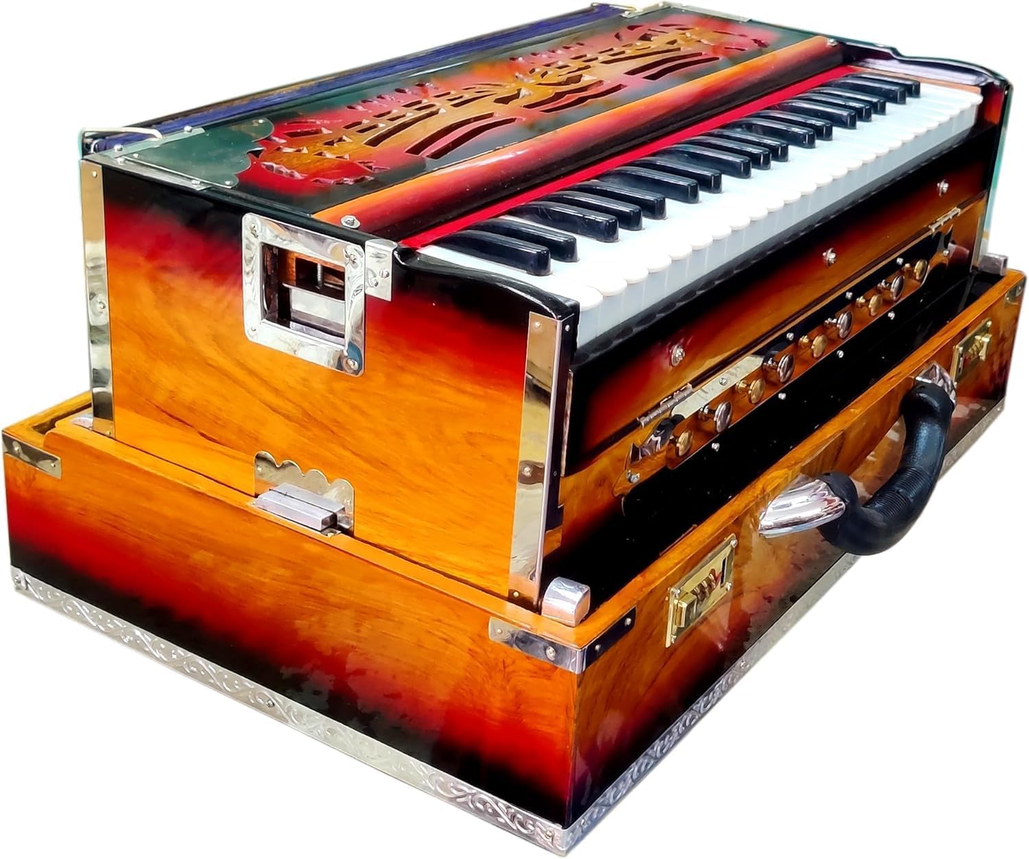 Harmonium, Maanvish Professional Harmonium Portable, Double Reeds, 3 1/2 Octaves, 9 stops,4 Extra Notes, Padded Bag