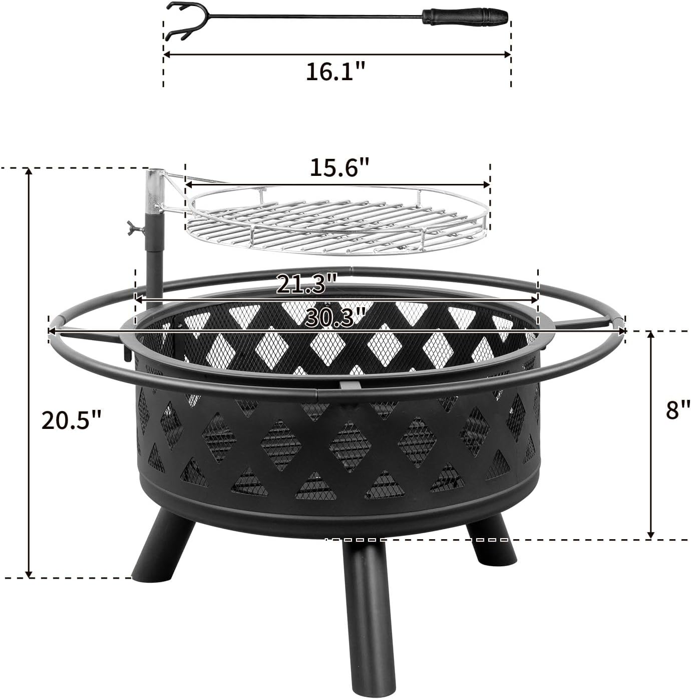 30” Outdoor Fire Pit Multifunctional Black Metal Wood Burning Firepit with Removable Swivel BBQ Grill, Ash Plate,Poker for Backyard Bonfire Patio Camping