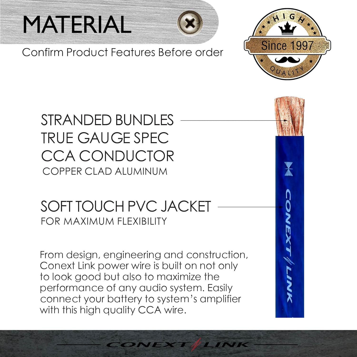 Conext Link 25 ft Frost Blue 1/0 Gauge Amplifier Power Ground Wire 0 GA Battery Cable