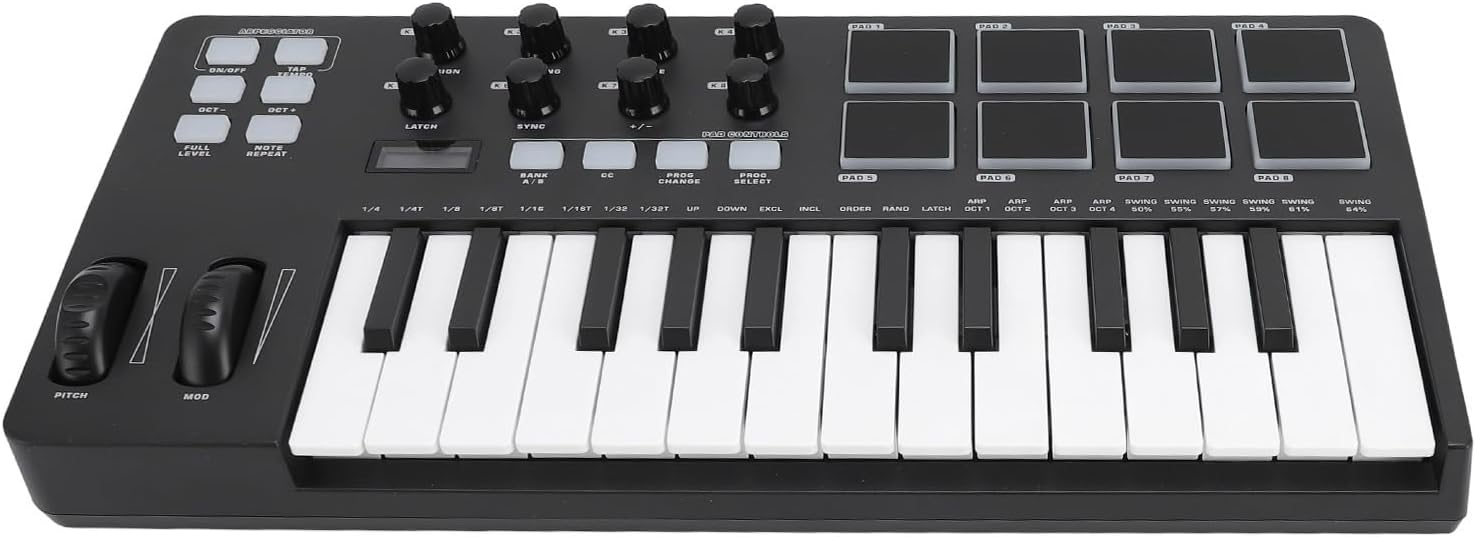 Focket USB MIDI Keyboard Controller, 25 Key with Arpeggiator Chord Mode for Integration Music Production Backlit Drum Pads Velocity Sensitive Keys Compact Lightweight Portable for