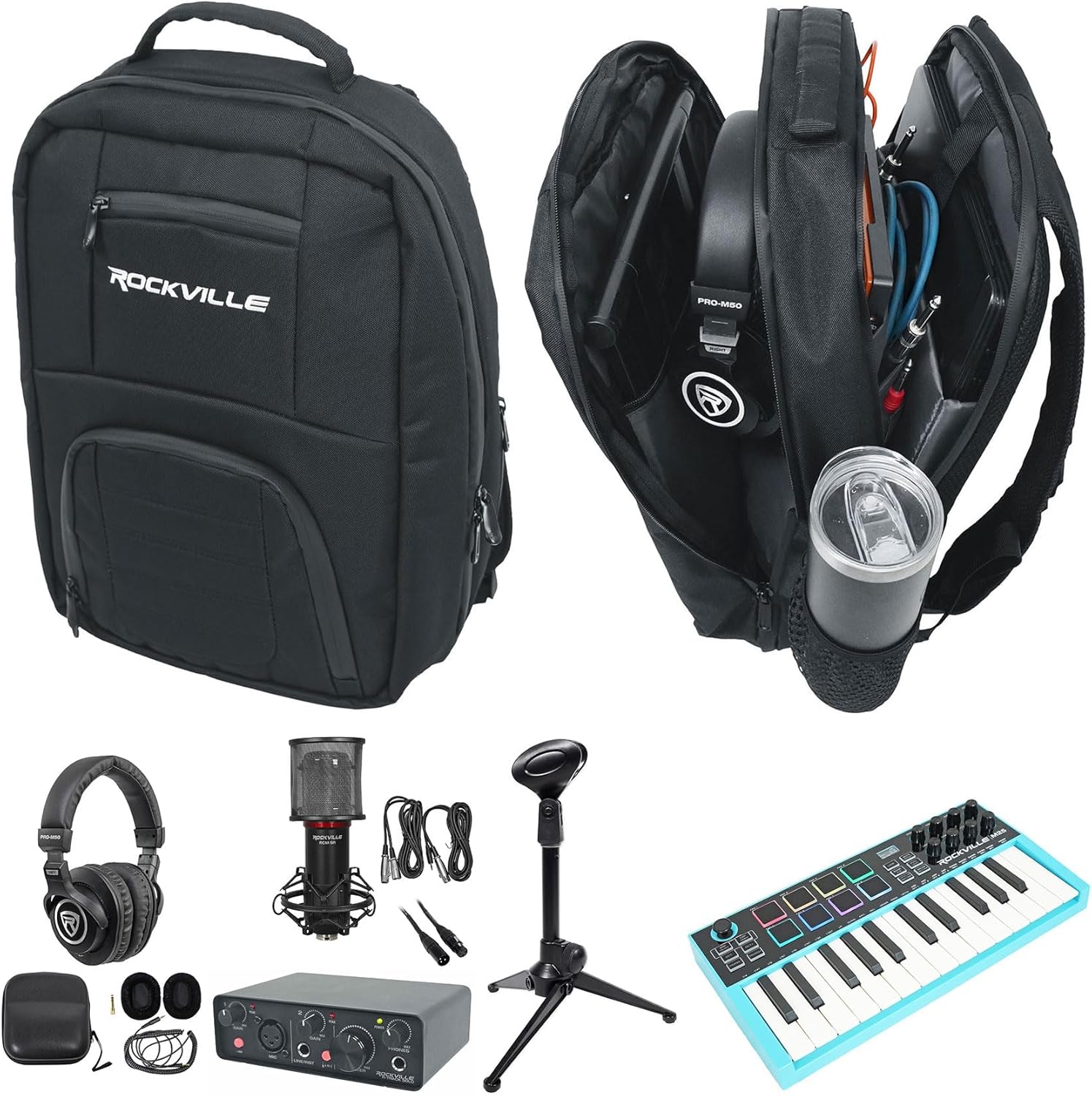 Rockville Bundle: M25 25 Key USB Wireless MIDI Keyboard Controller Bundle with R-TRACK Audio Interface+PRO-M50 Studio Headphones+DJBP24 Backpack+RDTS Stand+RCXFM6P-B Cable+RCM SR Microphone (7 Items)