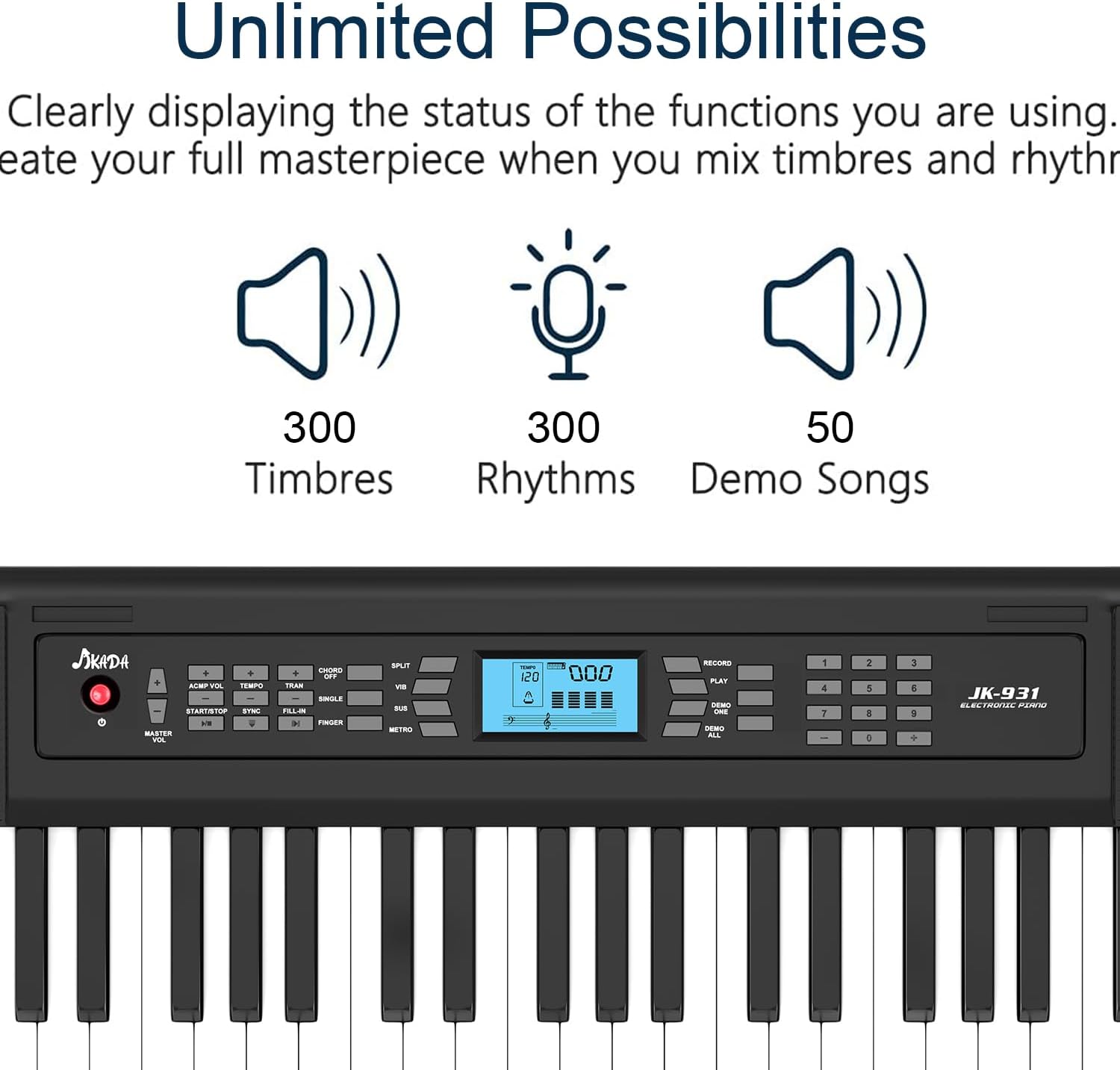 61 Key Keyboard Piano, Portable Electric Piano Keyboard w/LCD Screen, Built-In Speakers, Headphones, Stand, Stool, Music Rest, Microphone, 300 Timbres, 300 Rhythms