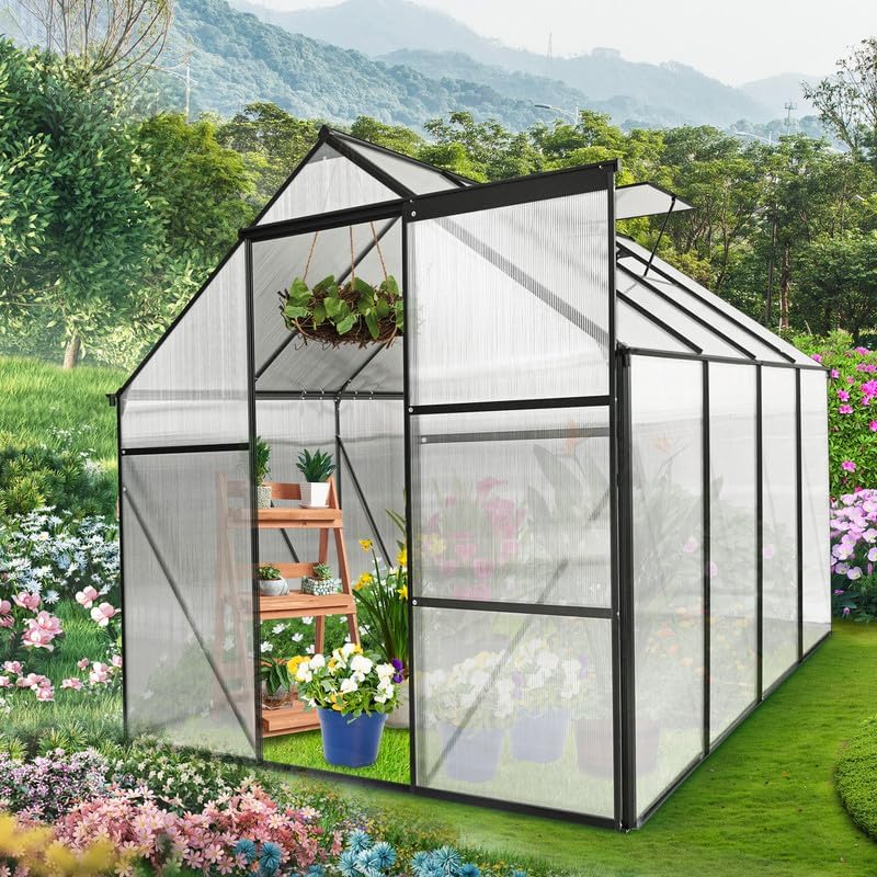 Greenhouse, 6 x 8 FT Greenhouses for Outdoors, Walk in Plant Greenhouses with Adjustable Roof & Sliding Door, Polycarbonate Outdoor Green Houses, Garden Green House for Patio, Backyard, Lawn, Black