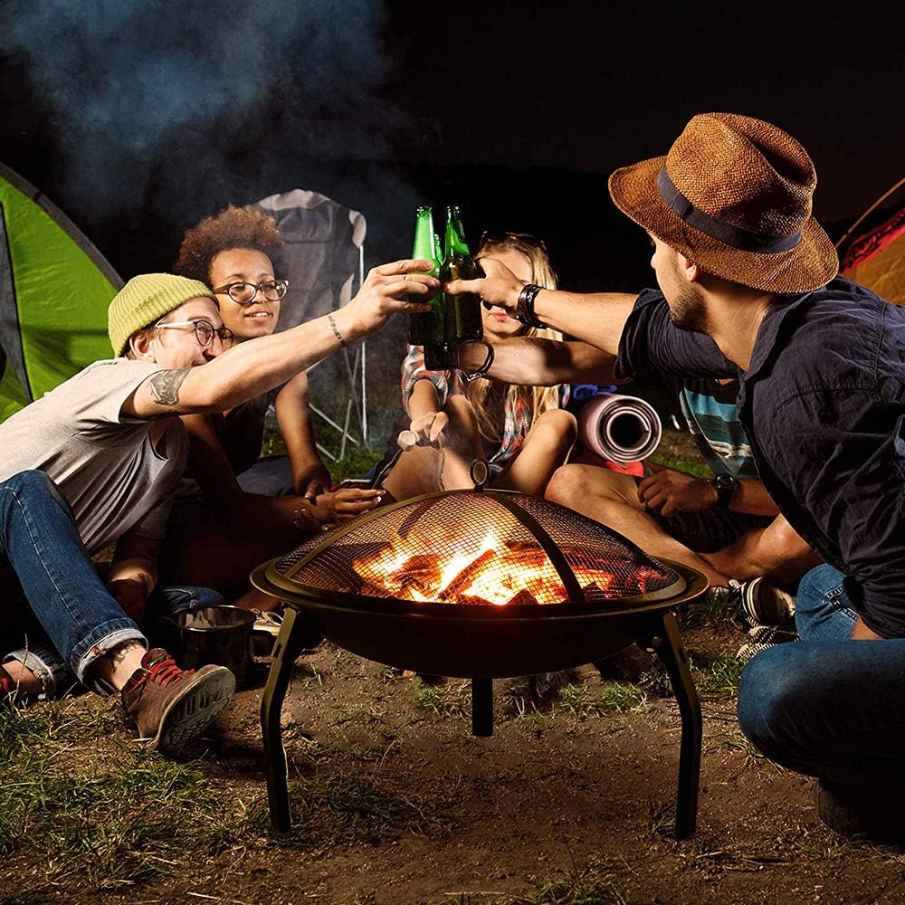 Fire Pit 22 Inch Folding Outdoor Fire Pit, Wood Burning Round Firebowl, with Waterproof Fabric Carrying Bag, for Picnic Camping, Black