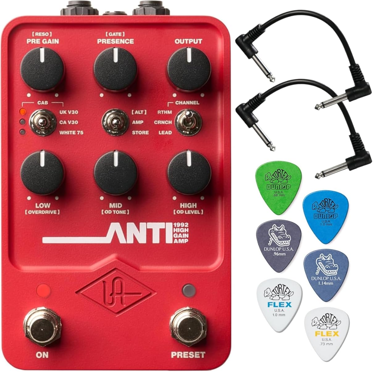 Universal Audio UAFX Anti 1992 High Gain Amp Pedal - Bundle with 2 Patch Cables and 6 Dunlop Guitar Picks