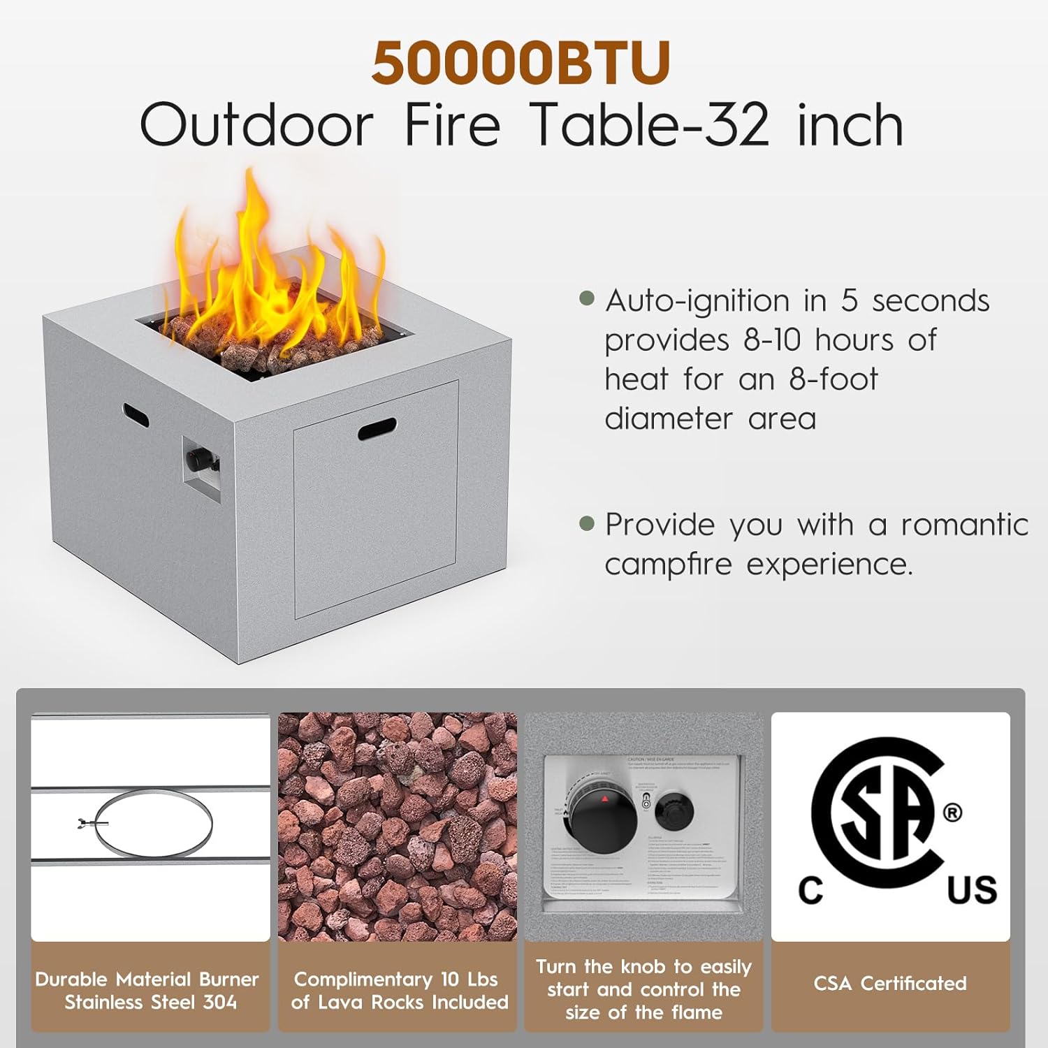 32 Inch Outdoor Fire Pit Table, 50,000 BTU Square Propane Fire Pit with Lid, Lava Rocks, Weatherproof Cover, Alloy Steel Gas Fire Pits for Outside Patio, CSA Certified, Gray