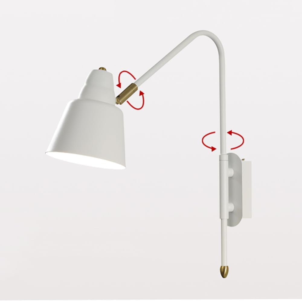 Modern Swing Arm Wall Sconce 350° Rotating Bedside Reading Lamp Black/White Industrial Vintage Metal Light Adjustable Indoor Lighting Fixture for Bedroom Living Room Rea