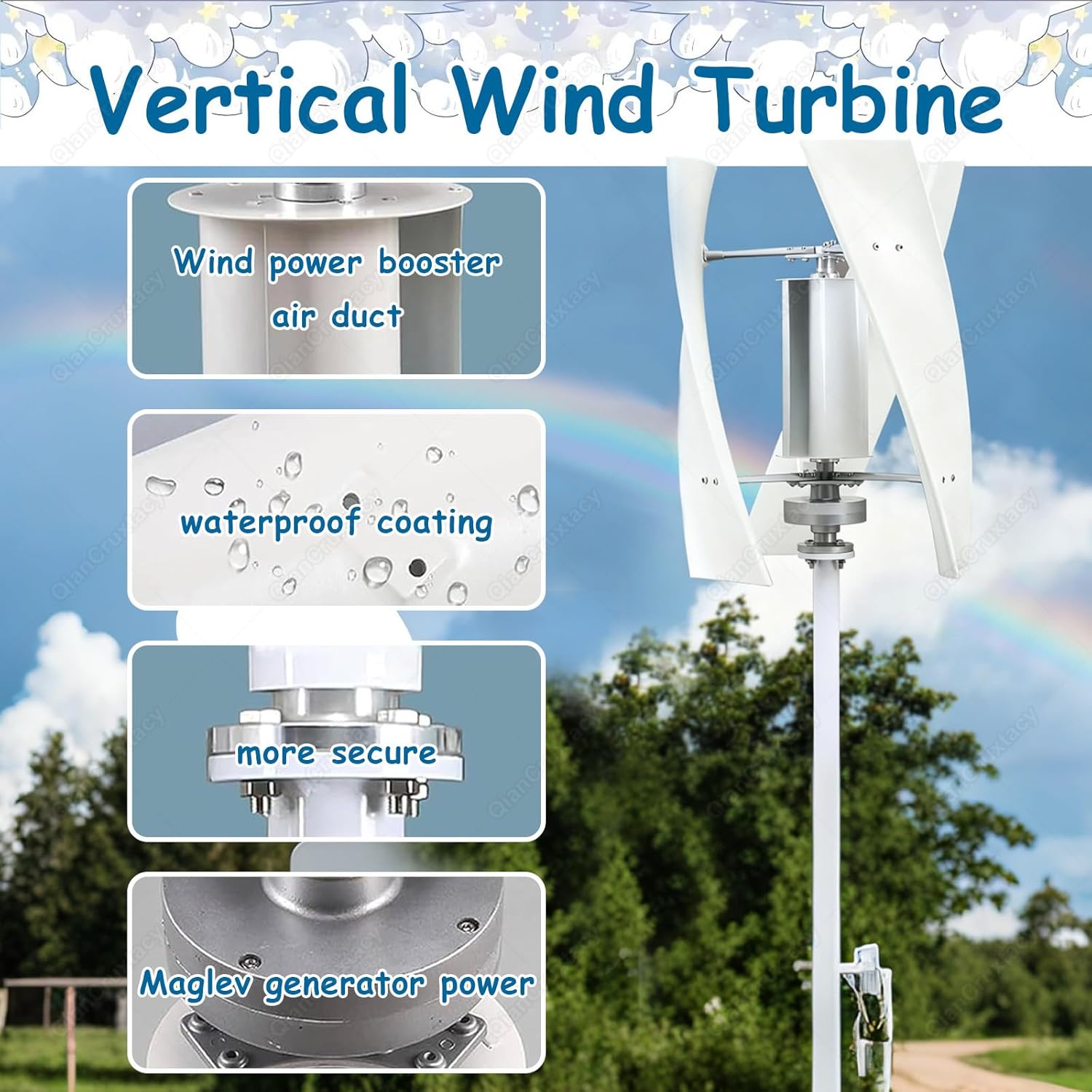 Vertical Magnetic Levitation Wind Turbine,3-Blade Turbine with Auxiliary Wind Wheel & Controller,360° Automatic Wind Direction Adaptation,for Home,Cabin,Gazebo Energy Multi-300W