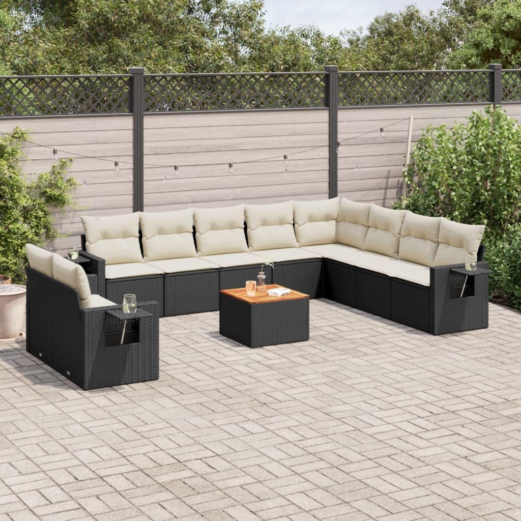 11-Piece Garden Sofa Set Black, Modular Outdoor Patio Furniture with Storage, UV-Resistant PE Rattan, Oiled Acacia Wood Surfaces for Balcony