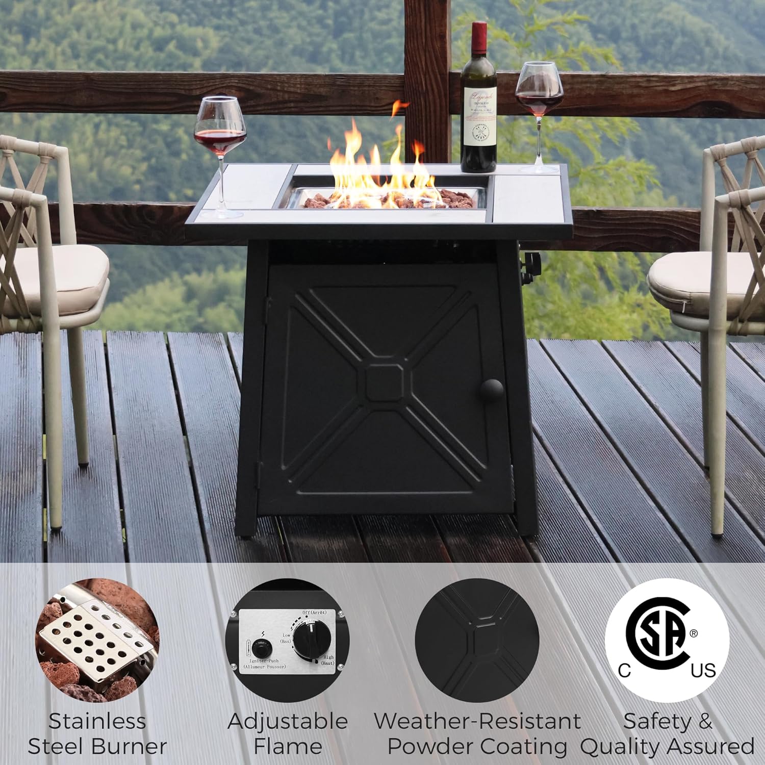28 Inch Outdoor Fire Table with Ceramic Tile Tabletop Square Propane Fire Pit Table 50,000 BTU Gas FirePit Fire Table with Glass Wind Guard(L) Waterproof Cover Gloves Steel Lid and Lava Rock