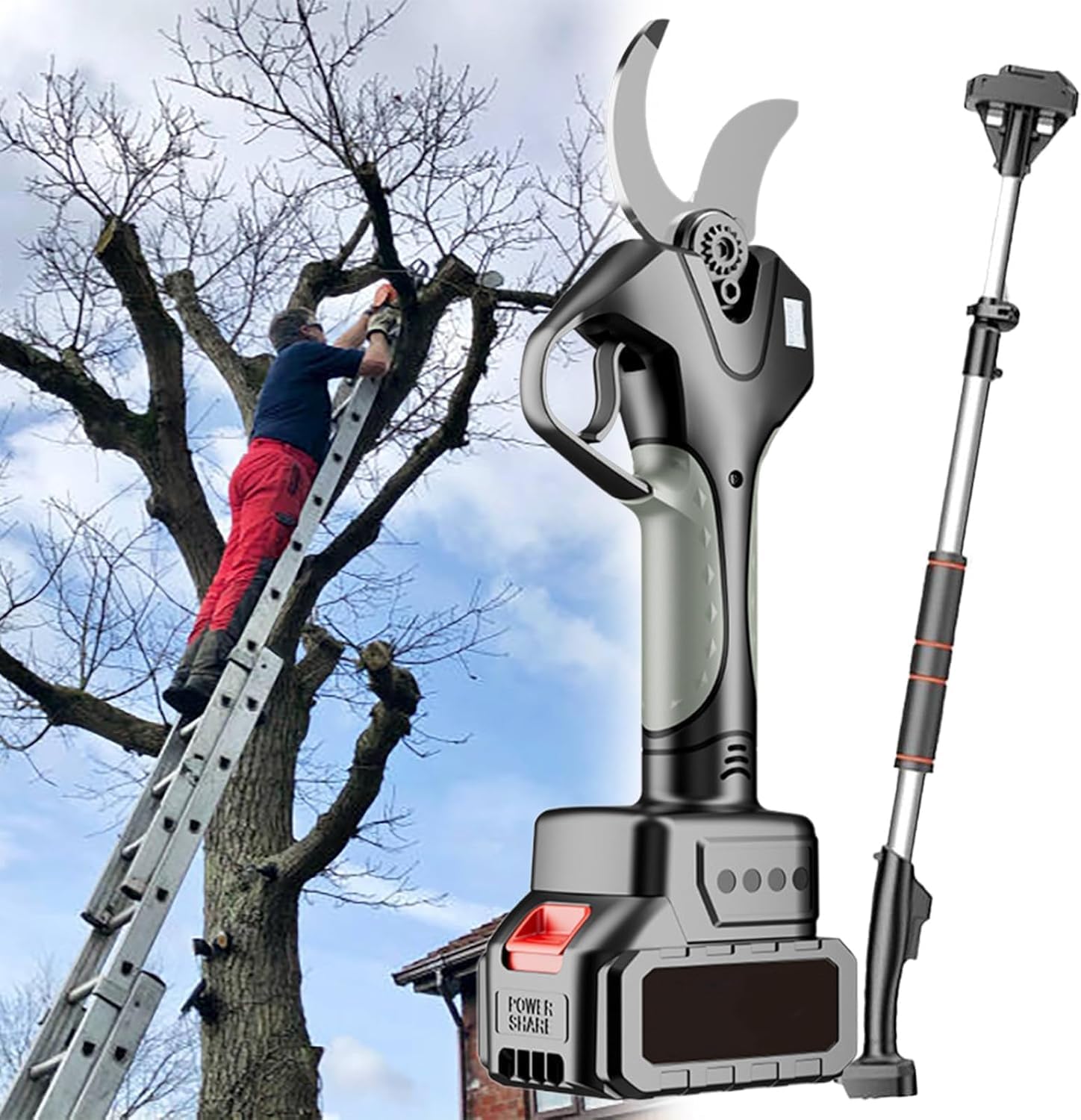 Electric Pruning Shears, Cordless Portable Pruner with 4.2-7.1ft Scalable Extension Rod, 2 Battery, Charger Kit, 3 Inch Cutting Diameter