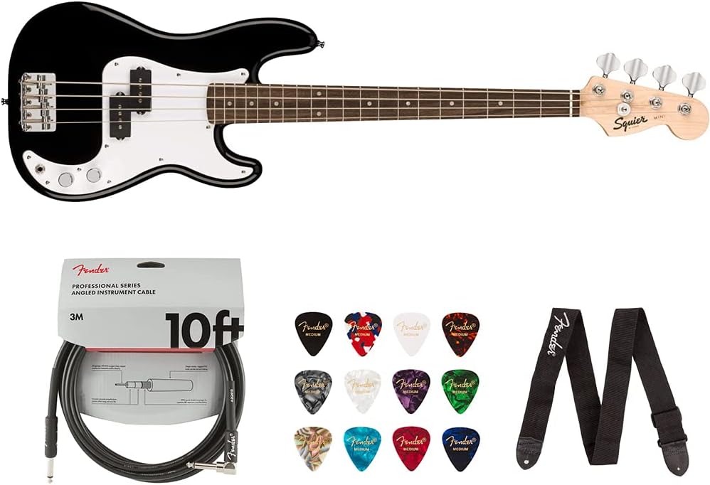 Squier by Fender Mini Precision Bass (Laurel, Black) Bundle with 10ft Cable, 12-Pack Picks, and 2