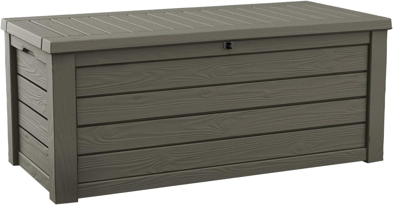 Keter Westwood 150 Gallon Resin Large Outdoor Storage Box for Patio Furniture, Outdoor Cushions, Garden Tools and Pool Floats, Taupe