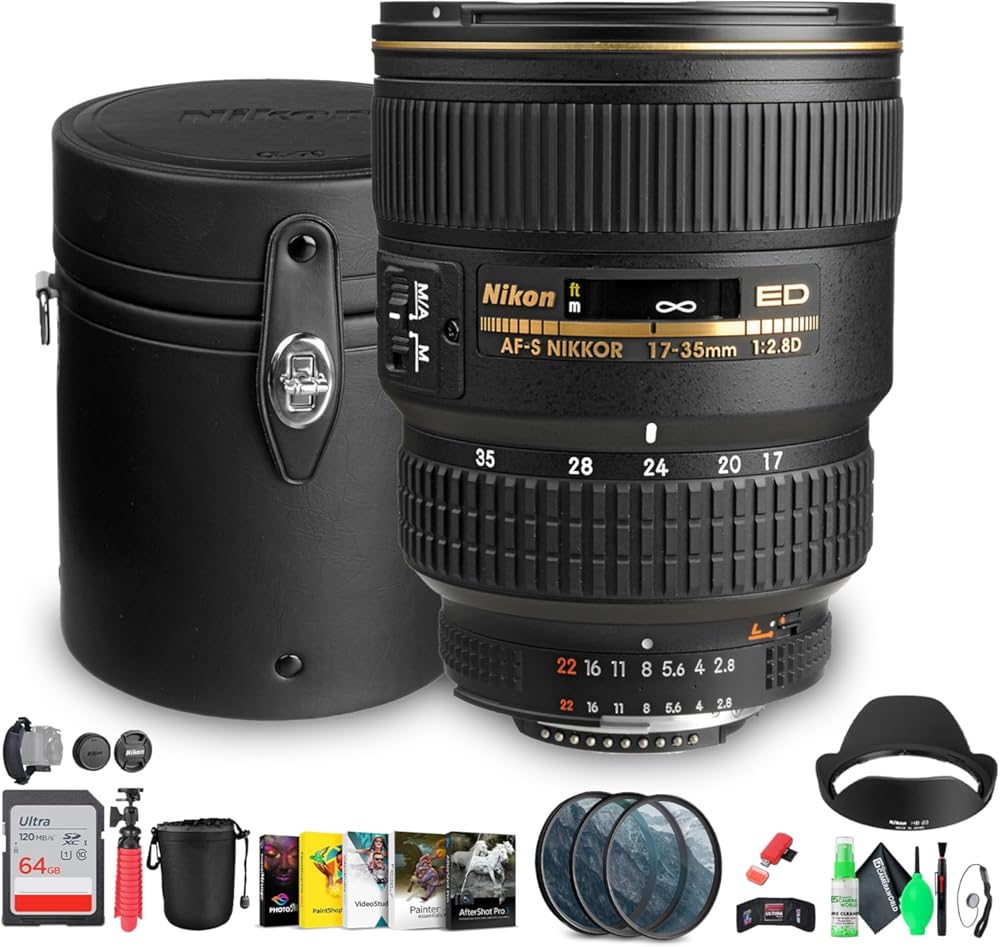 Nikon NIKKOR AF-S Wide-Angle Zoom 17-35mm f/2.8D IF-ED Lens | Pro Optics & Silent Autofocus (1960) + Sling Backpack + Photo Software + Lens Filter Kit + 64GB Memory Card + Flexible Tripod + More