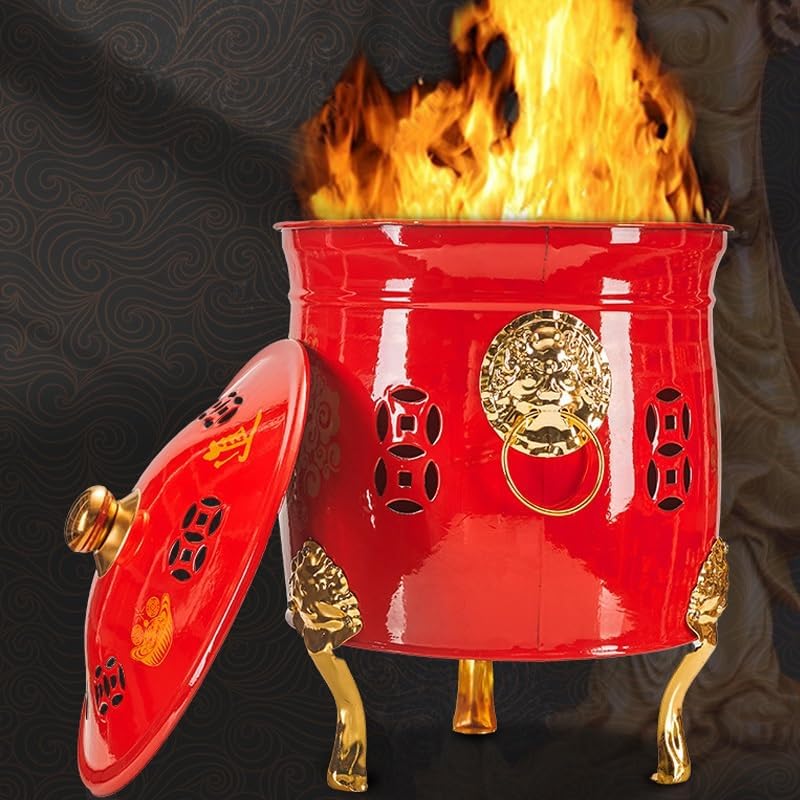 Outdoor Burn Barrels, Stainless Steel Burn Barrel, Metal Incinerator, Garden Backyard Debris Bin for Paper Leaf Trash Buddhist Ritual Supplies, Red(Large)