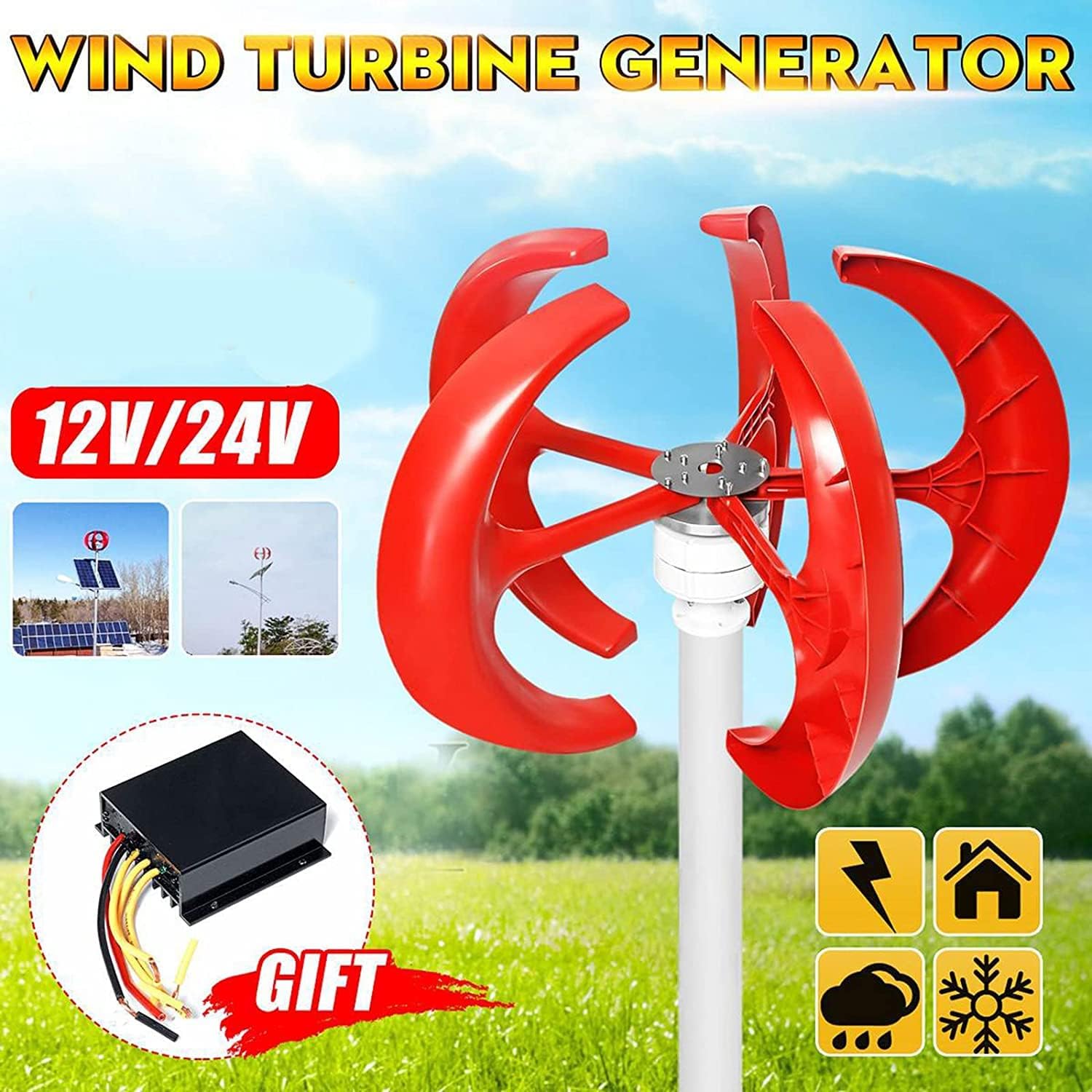 LiuSj JUnSt 10000W Wind Turbines Generator + Controller, 5 Blade Lantern Vertical Axis Wind Turbines Generator Low Noise for Residential Household Streetlight Use(Red)