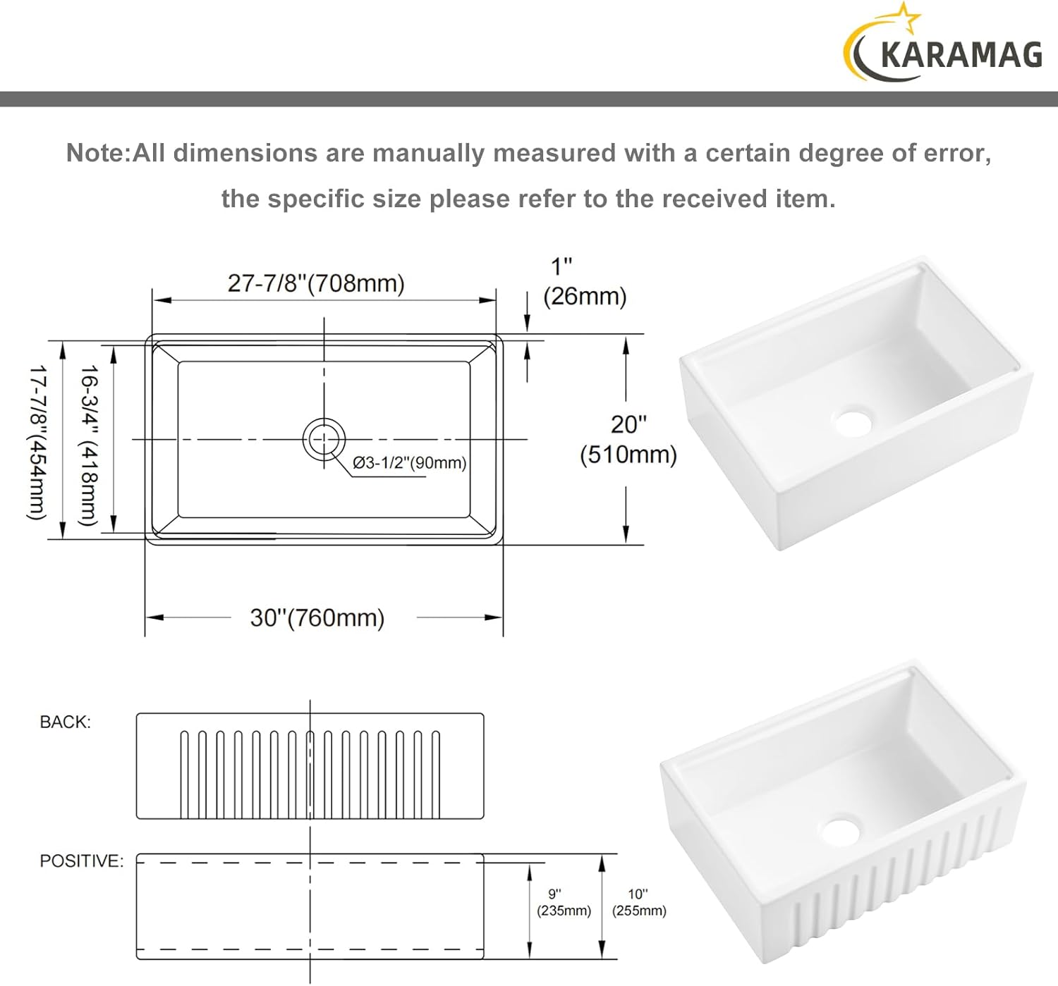 30 Inch Workstation Farmhouse Sink, White Fireclay Apron Front Kitchen Sink, Rectangular Undermount Sinks, Deep Deep Drop-in Single Bowl Reversible Sinks with Accessories