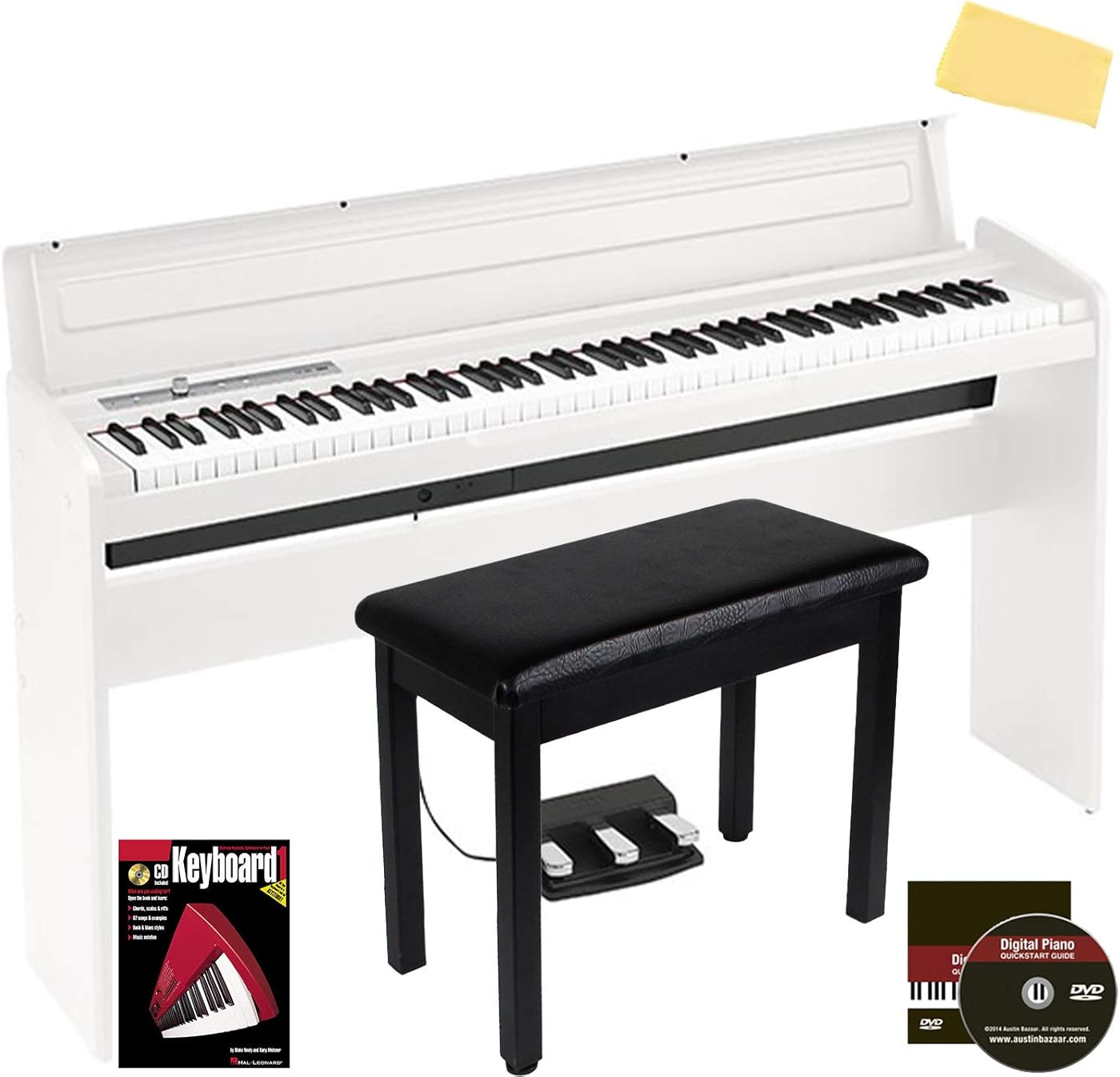 Korg LP-180 Digital Piano - White Bundle with Furniture Bench, Instructional Book, Austin Bazaar Instructional DVD, and Polishing Cloth