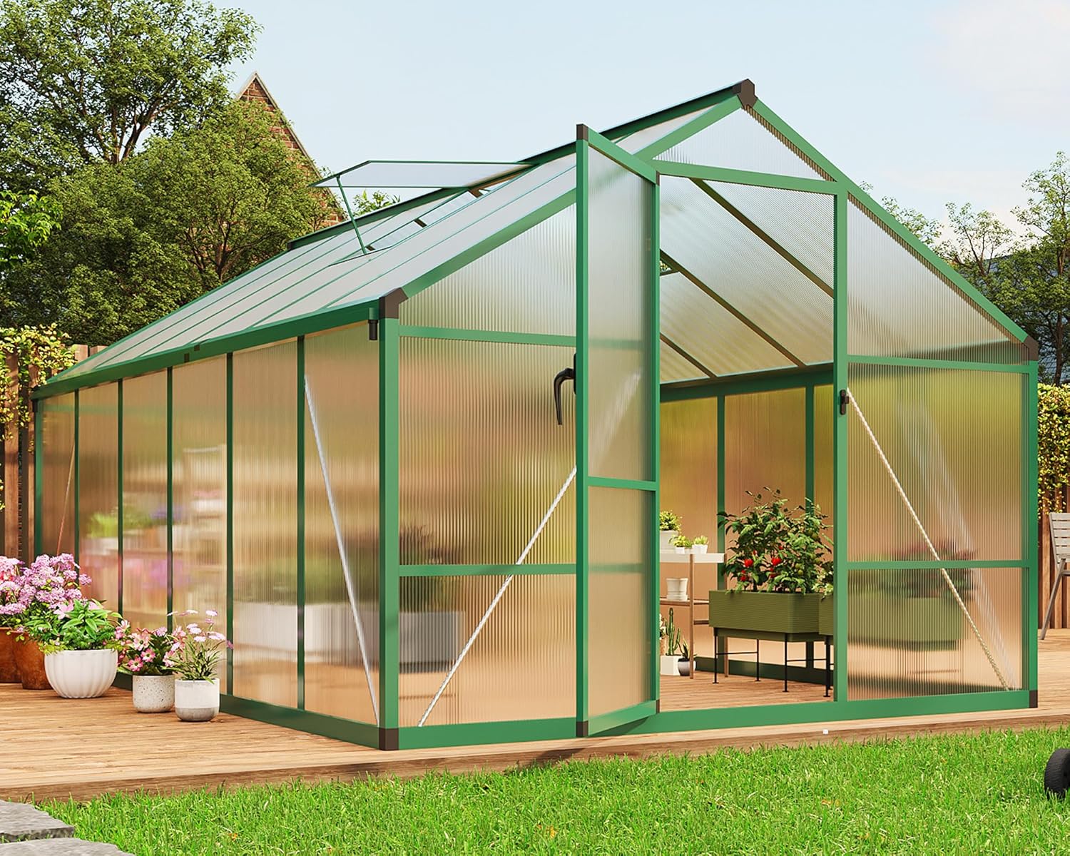 8X12 FT Greenhouse for Outdoors, Large Walk-in Polycarbonate Greenhouse Kit, Aluminum Frame, Lockable Door, Roof Vent, Ground Spikes, for Garden, Patio, Backyard, Outdoor Plant Growth