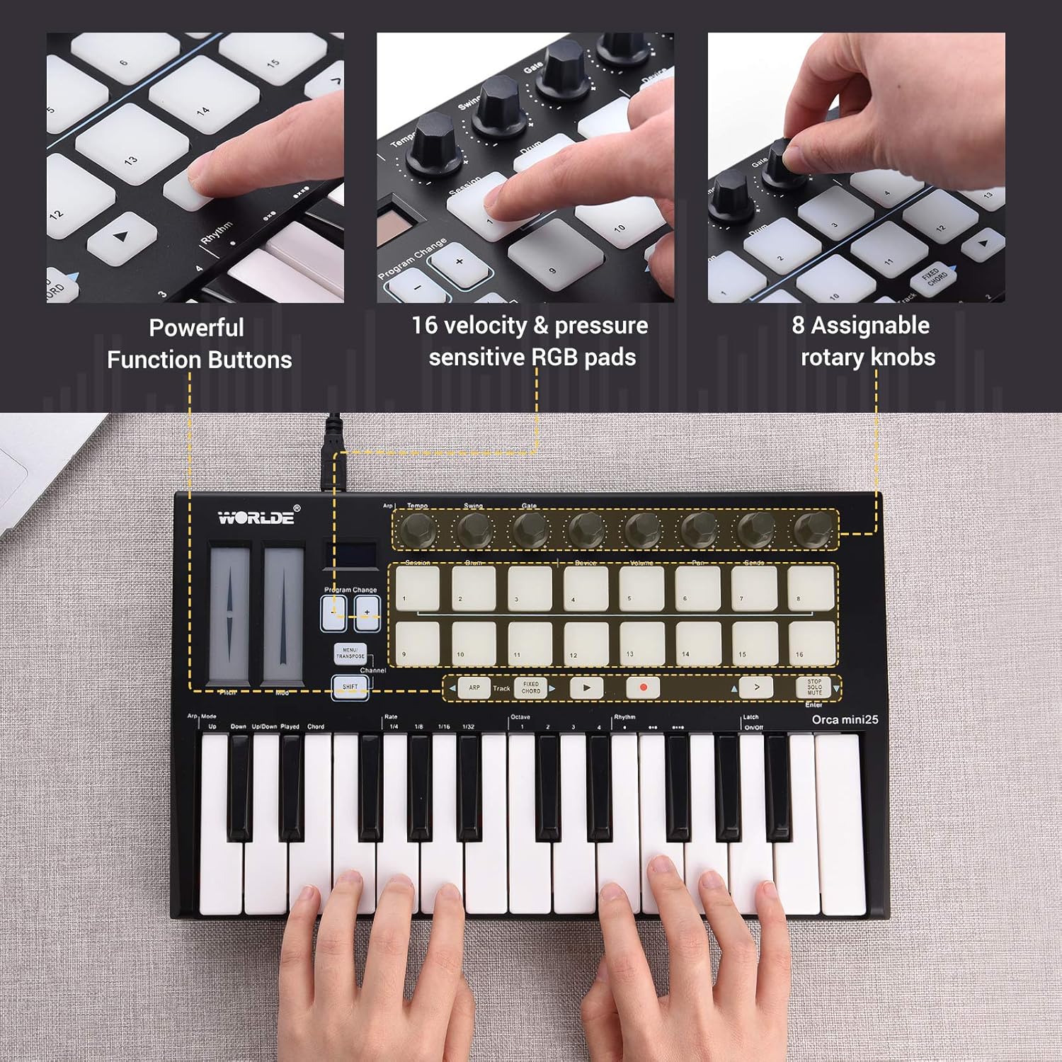 LANRU Orca mini25 Portable 25-Key USB MIDI Keyboard Controller with 16 RGB Backlit Trigger Pads 8 Assignable Control Knobs