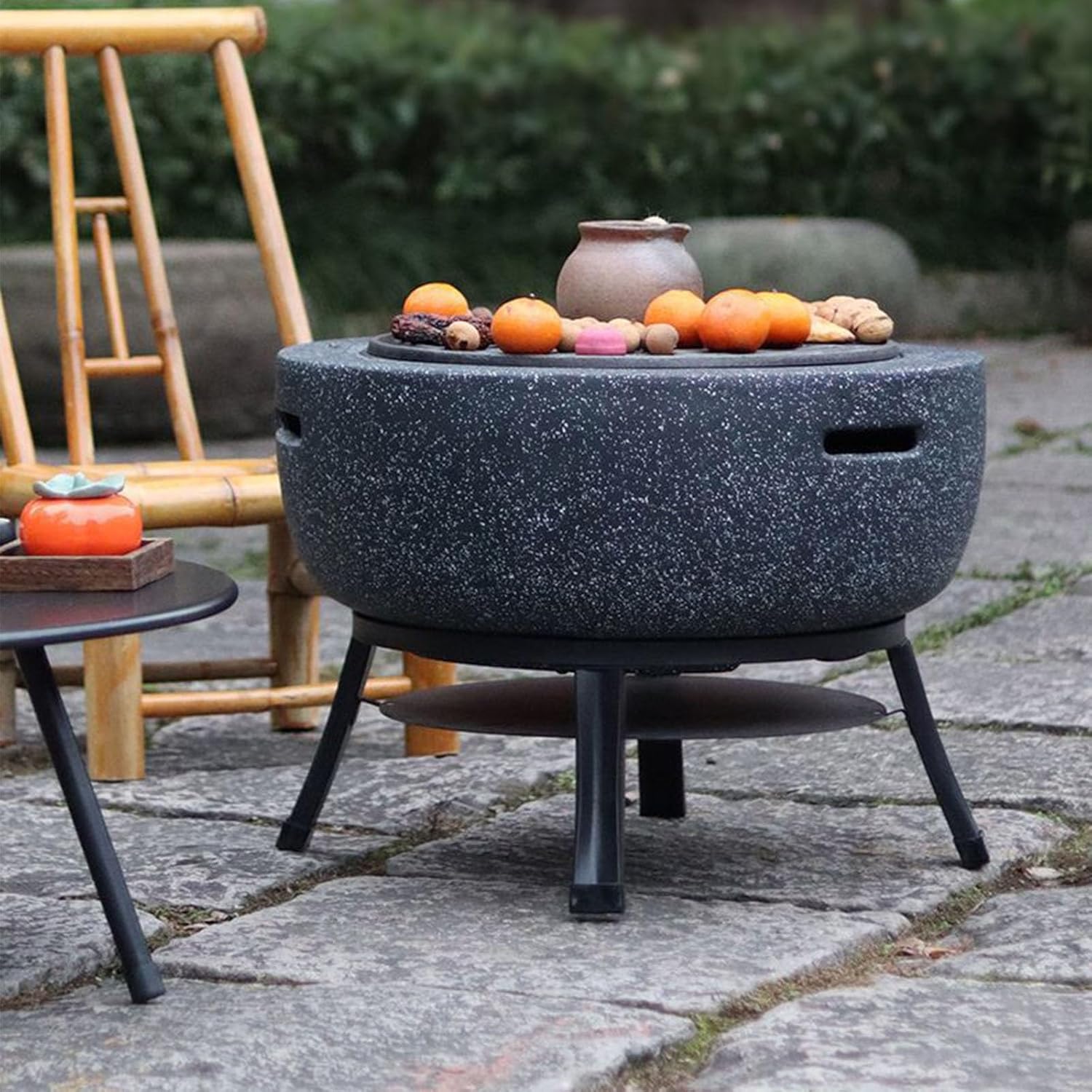 17in Round Fire Pit Combo, Outdoor Charcoal Stove, Hibachi Grill Outdoor with Marble, with Steel Bracket, for Barbecue, Outside Patio, Bonfires and Heating(White)