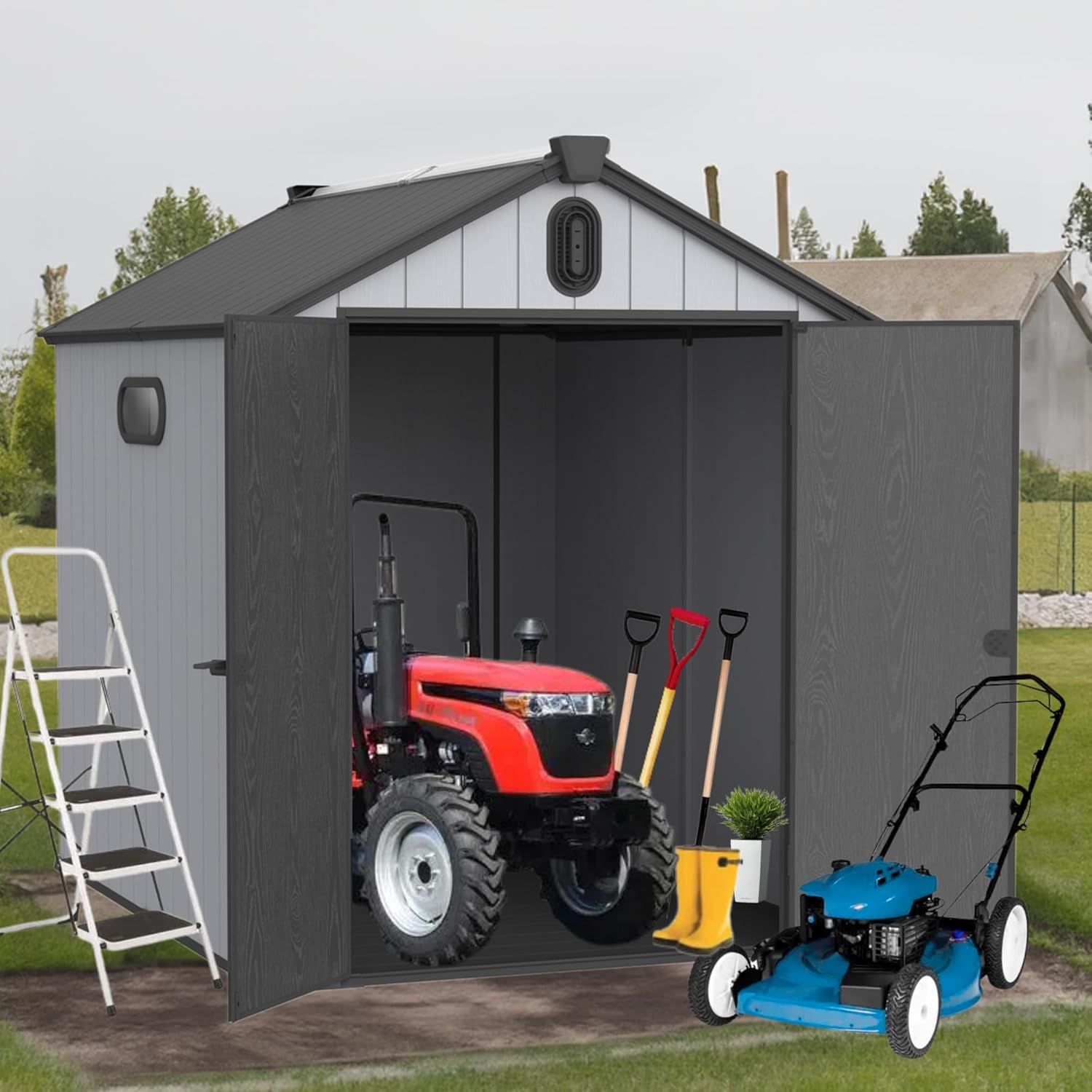 6x8ft Plastic Storage Shed for Backyard, & Tools – Durable Spire Design, Weather -, Easy Assembly, Extra Space for Lawn Equipment (Black + Grey)