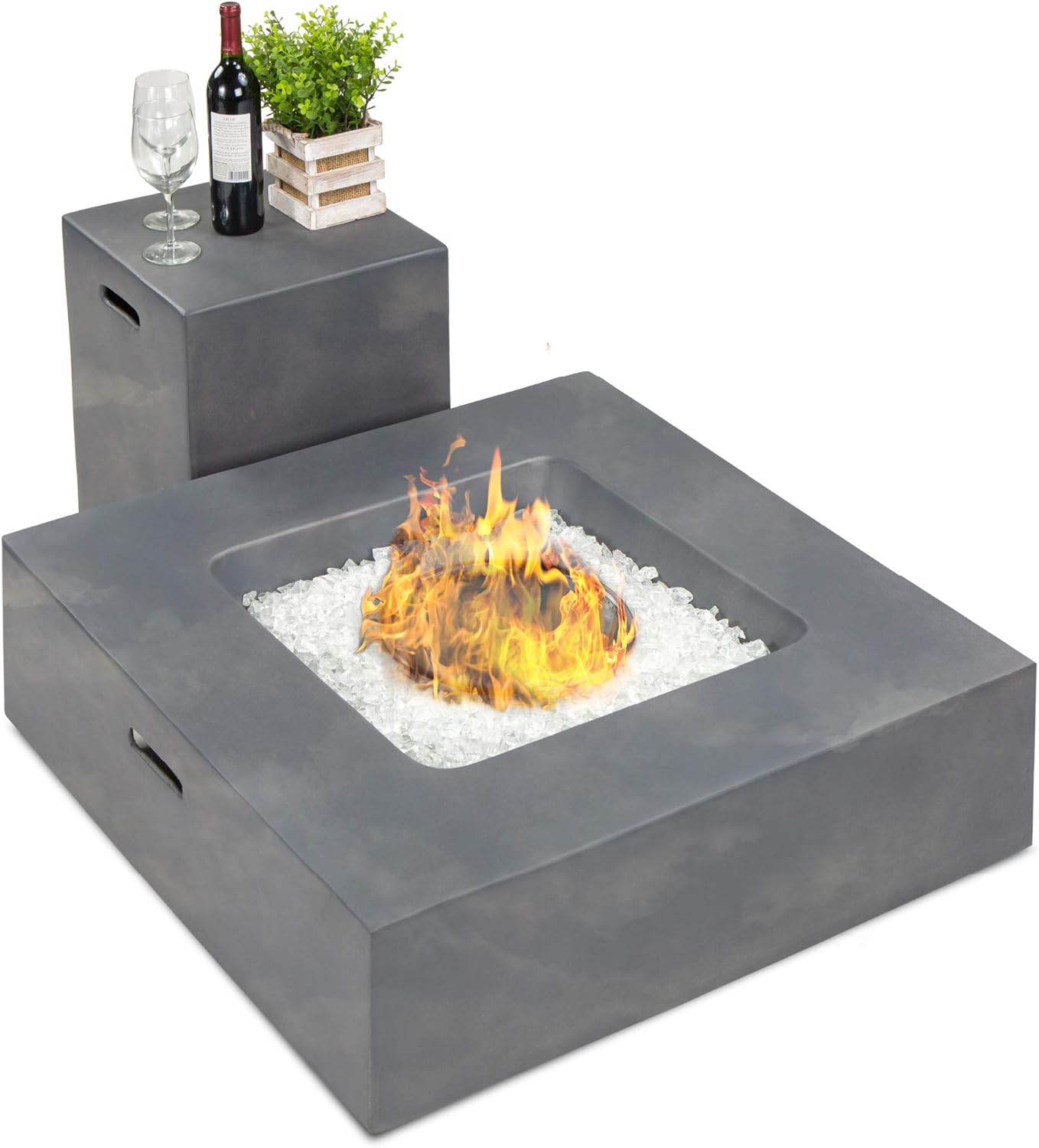 Best Choice Products 35x35-inch 40,000 BTU Square Propane Fire Pit Table for Backyard, Poolside w/Gas Tank Storage Side Table, Weather-Resistant Pit Cover, Glass Rocks - Distressed Gray